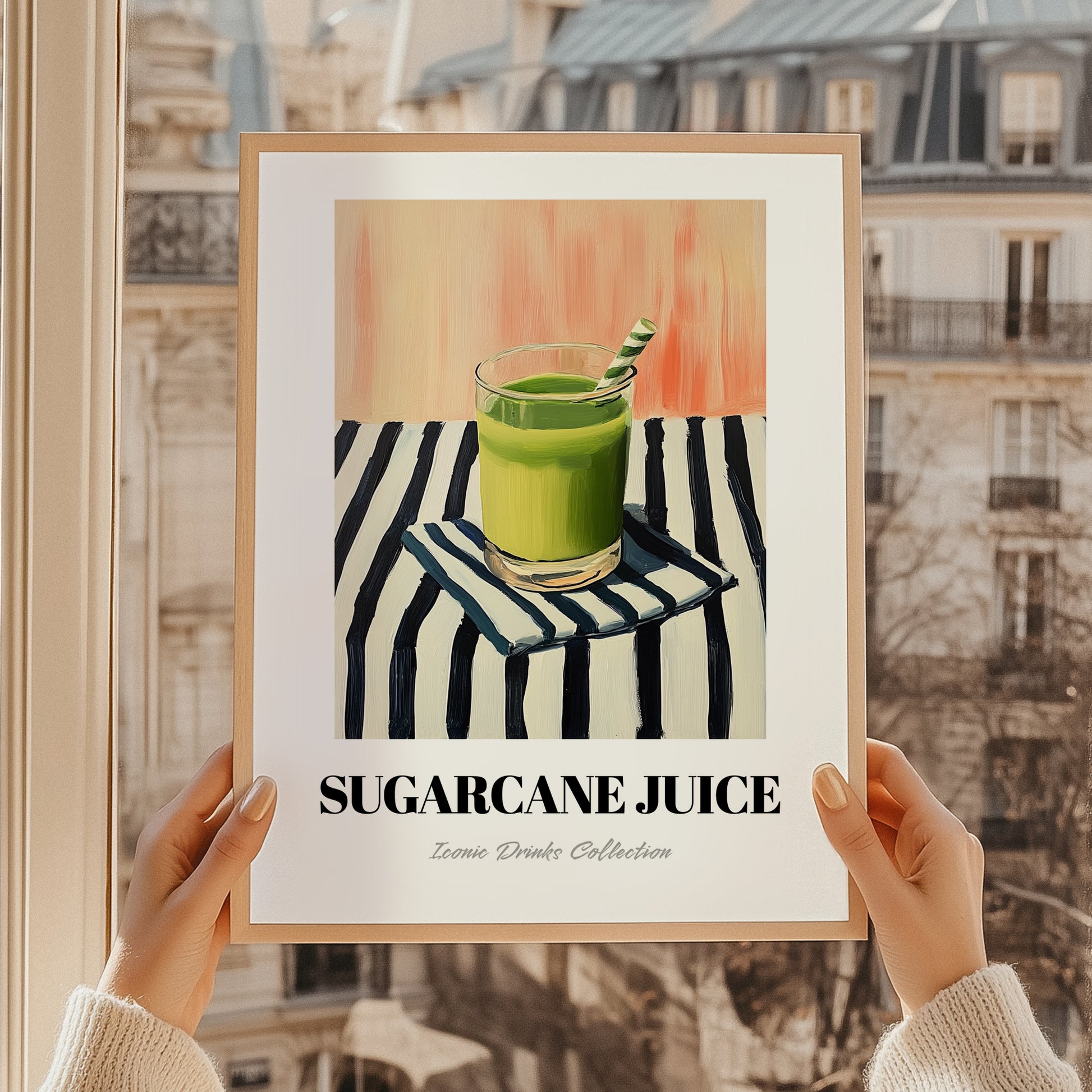 Sugarcane Juice – on Striped Tablecloth, Egyptian Beverage Still Life, styled in a charming Paris street view
