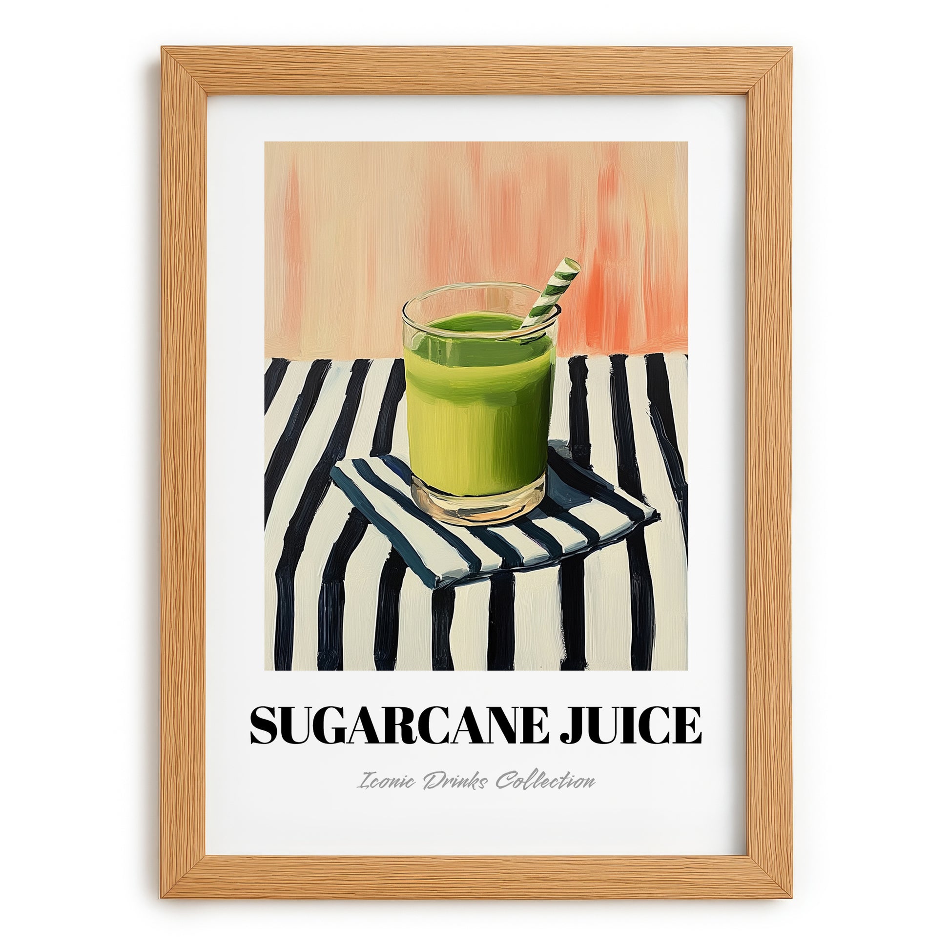 Sugarcane Juice – on Striped Tablecloth, Egyptian Beverage Still Life, set in oak frame