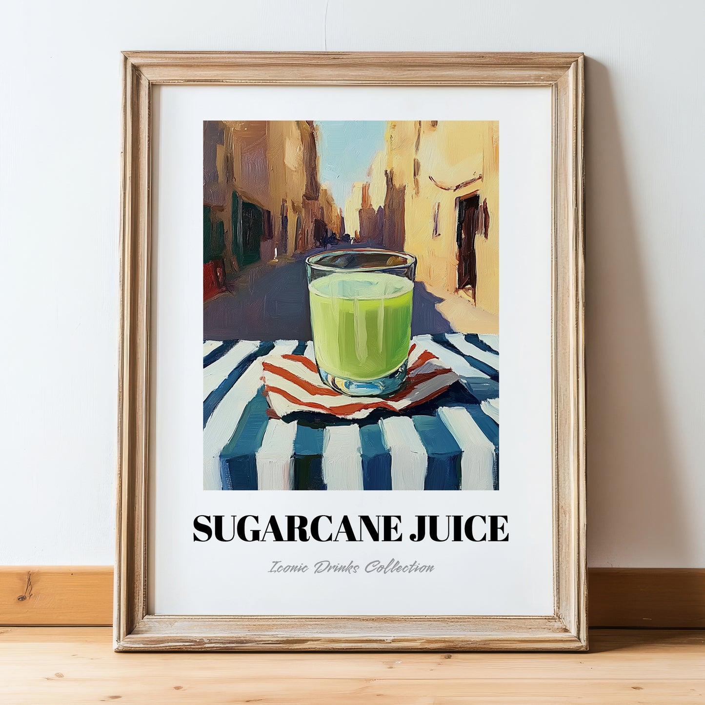 Sugarcane Juice – Egyptian Outdoor Café Scene, Egyptian Beverage Wall Decor, in wooden frame leaning on the floor