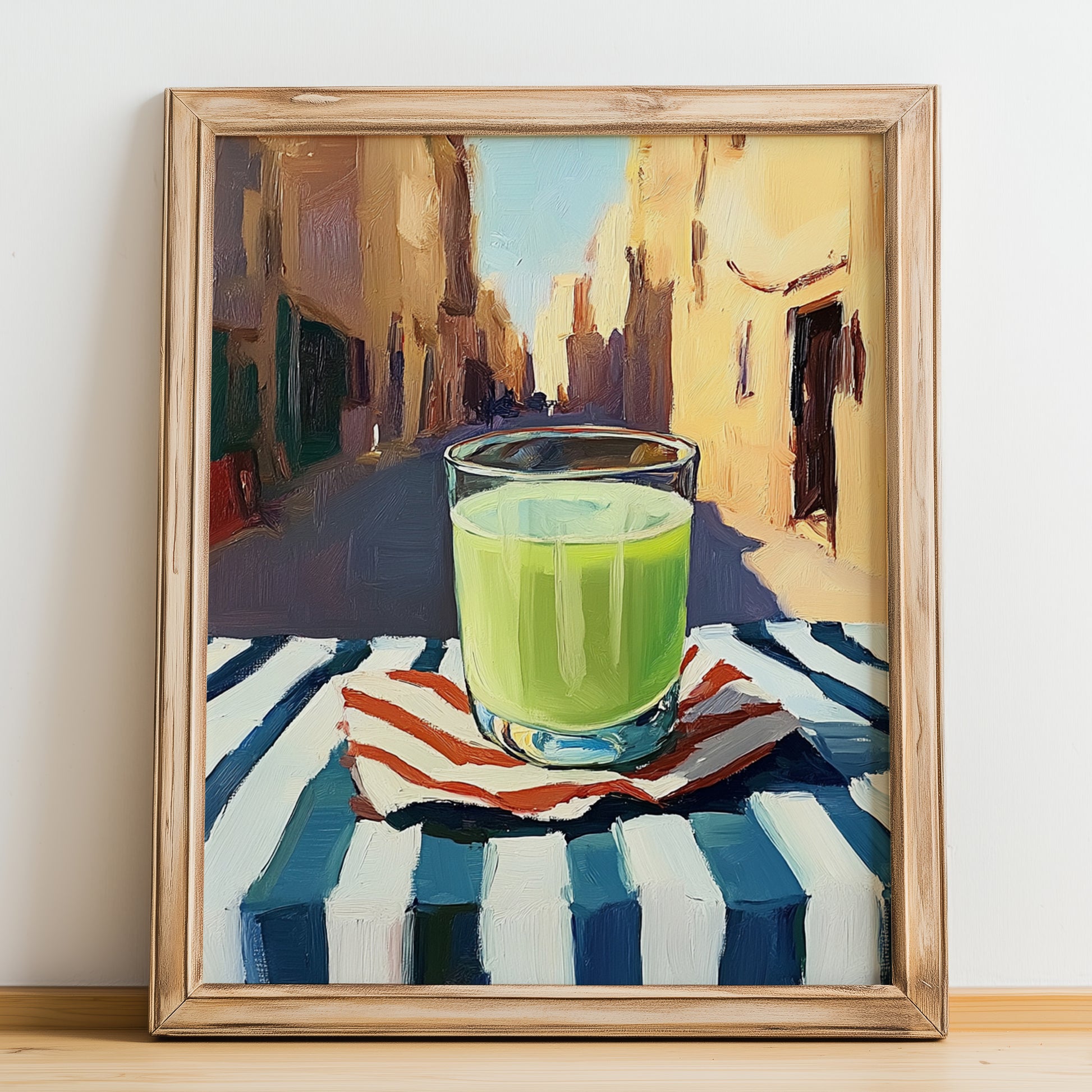 Sugarcane Juice – Egyptian Outdoor Café Scene, Egyptian Beverage Wall Decor, no-text version framed in wood