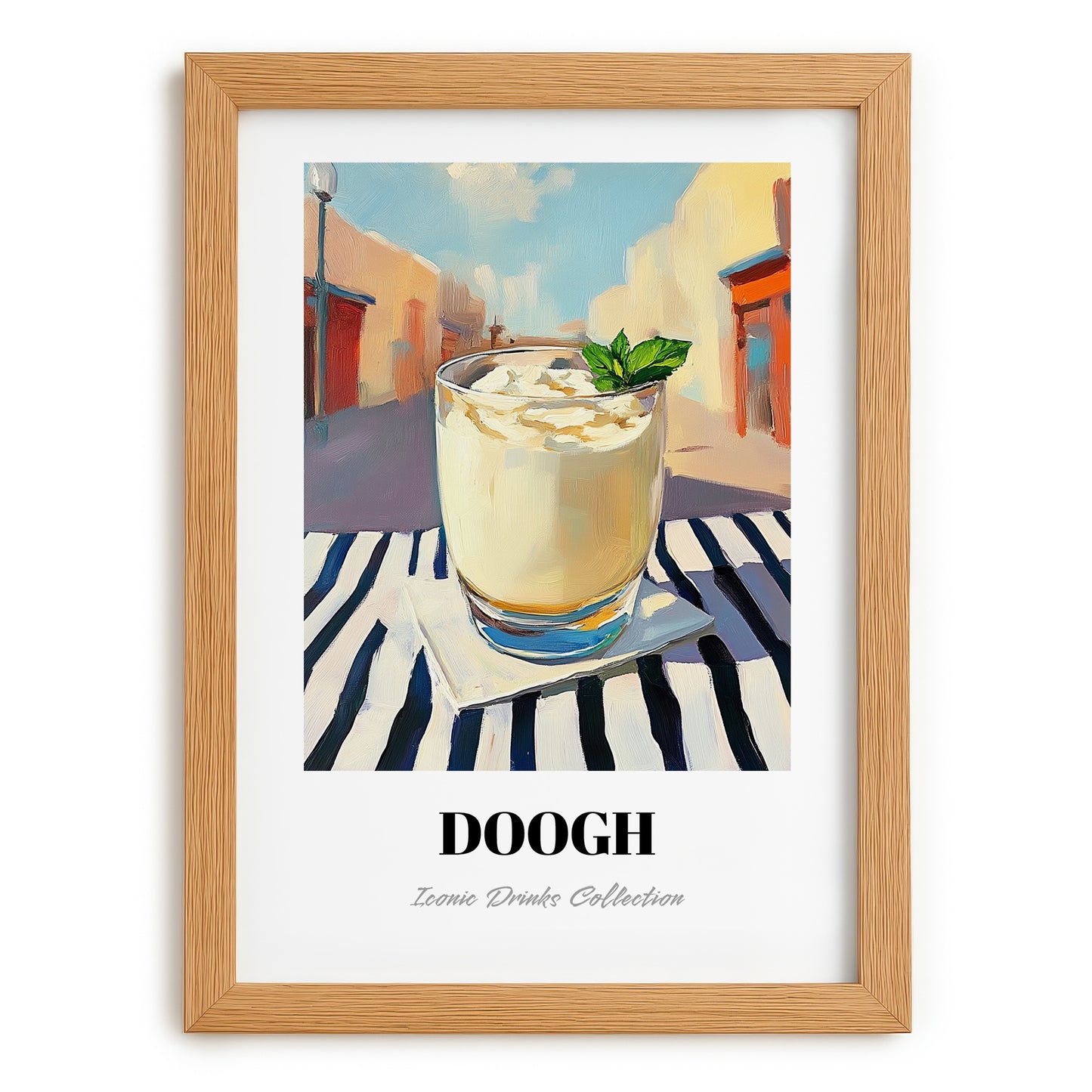 Doogh – Iranian Street Café Scene, Iranian Beverage Still Life, set in oak frame