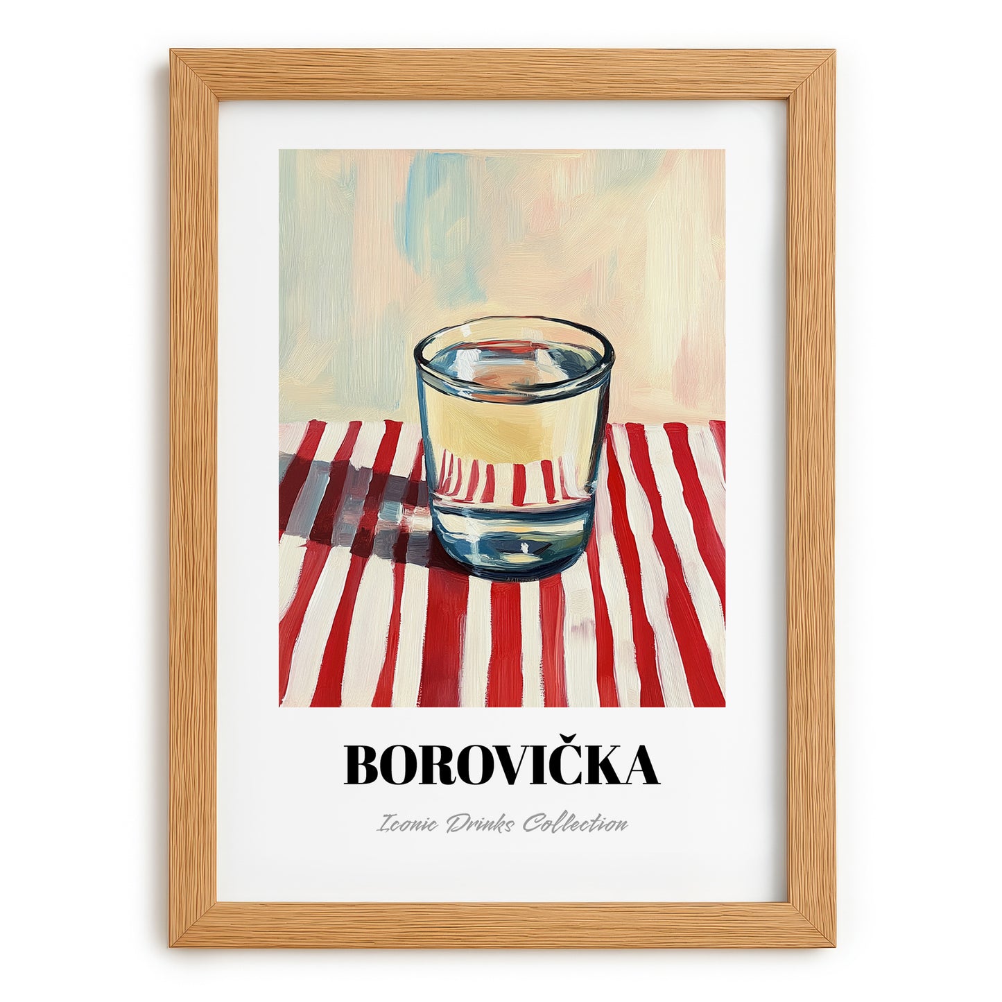 Borovička – on Striped Tablecloth, Slovak Beverage Poster, set in oak frame