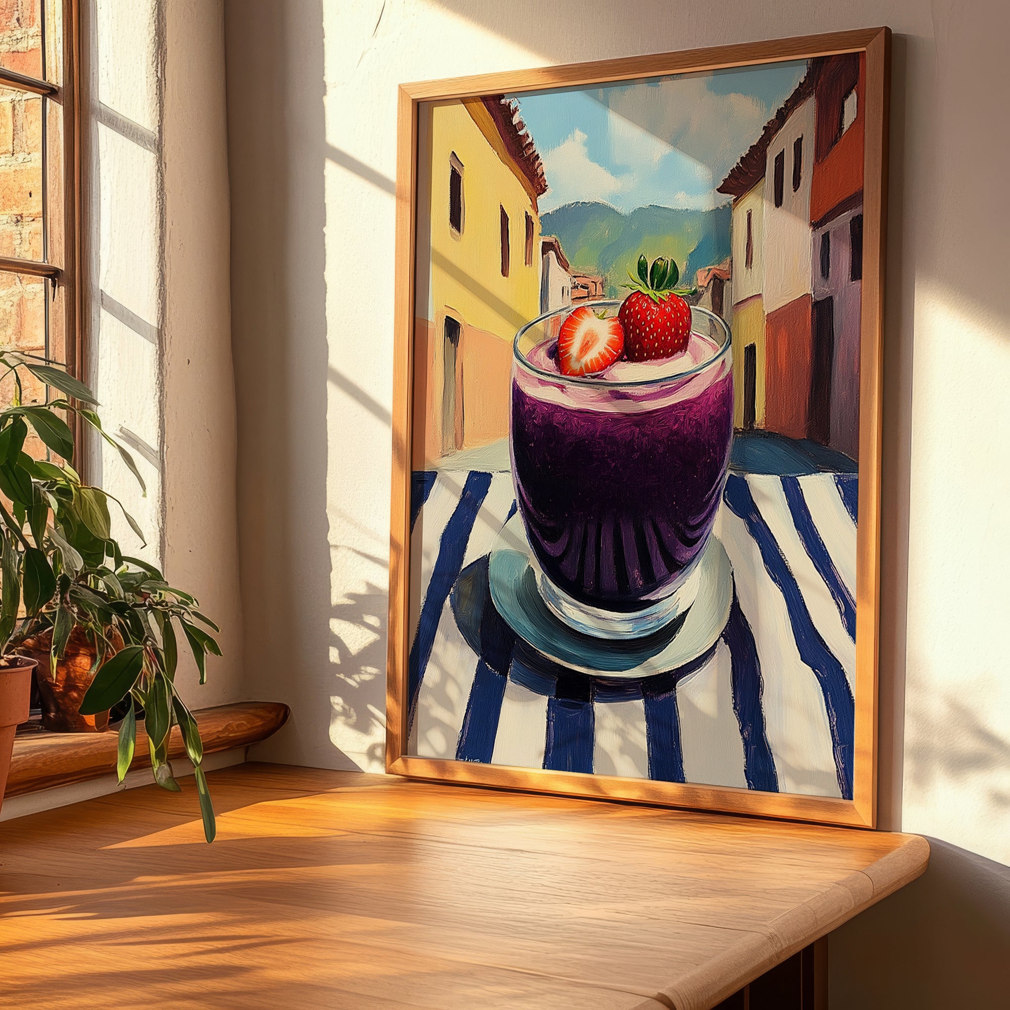 Colada Morada – Ecuadorian Outdoor Café Scene, Ecuadorian Beverage Still Life, clean layout with no caption