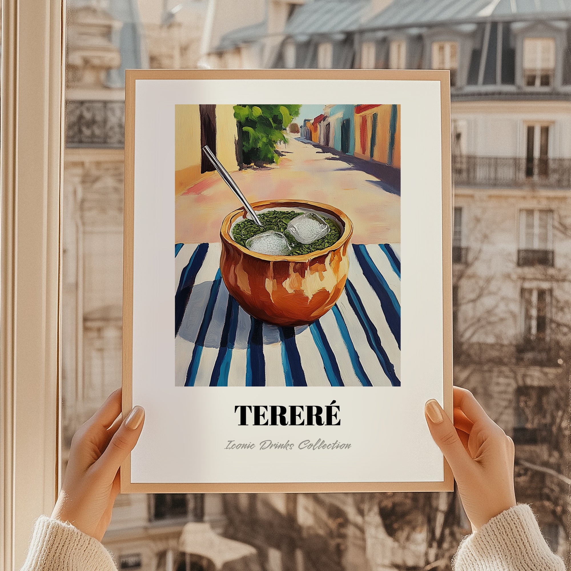 Tereré – Paraguayan Outdoor Café Scene, Paraguayan Beverage Still Life, styled in a charming Paris street view