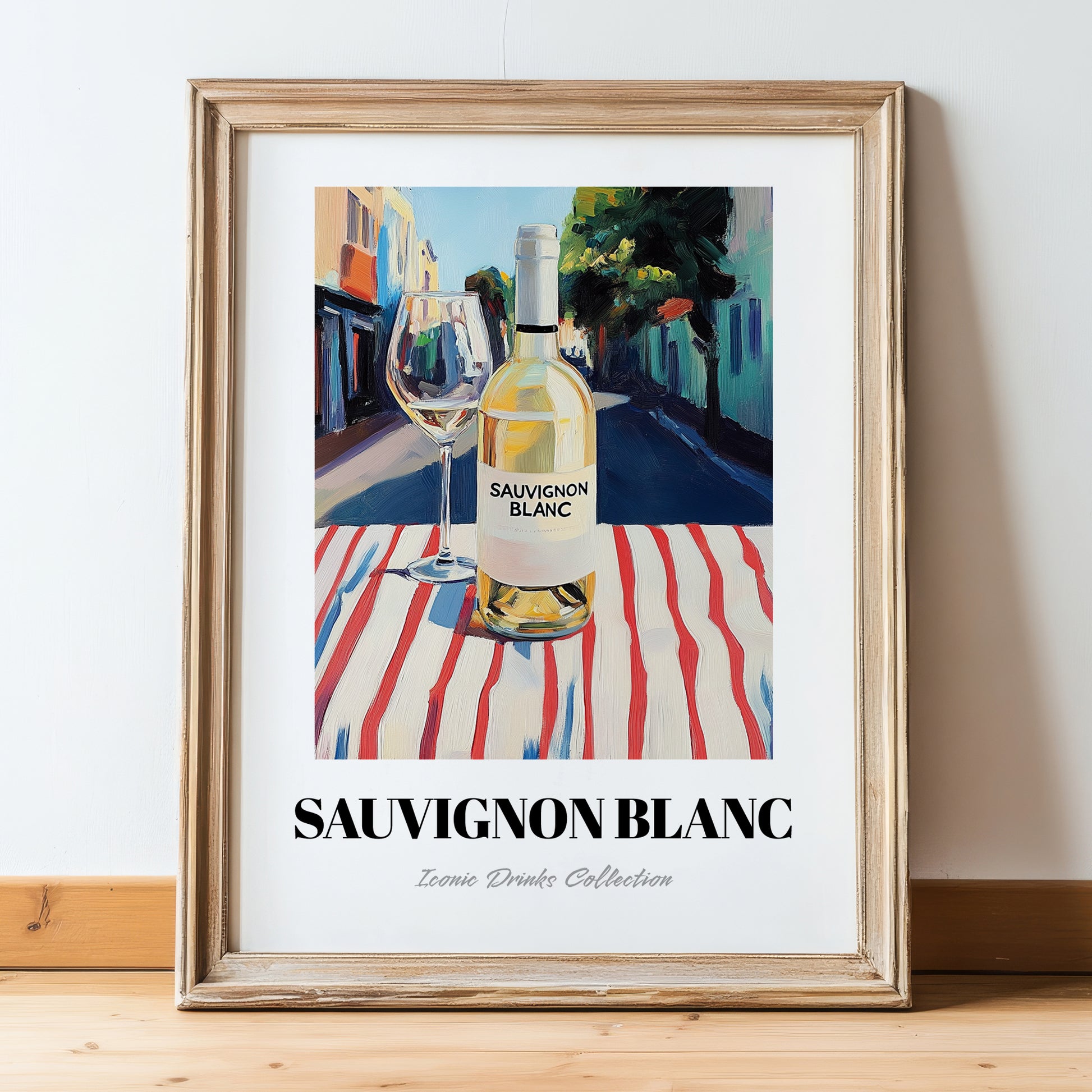 Sauvignon Blanc – New Zealander Outdoor Café Scene, New Zealander Wine Poster, in wooden frame leaning on the floor