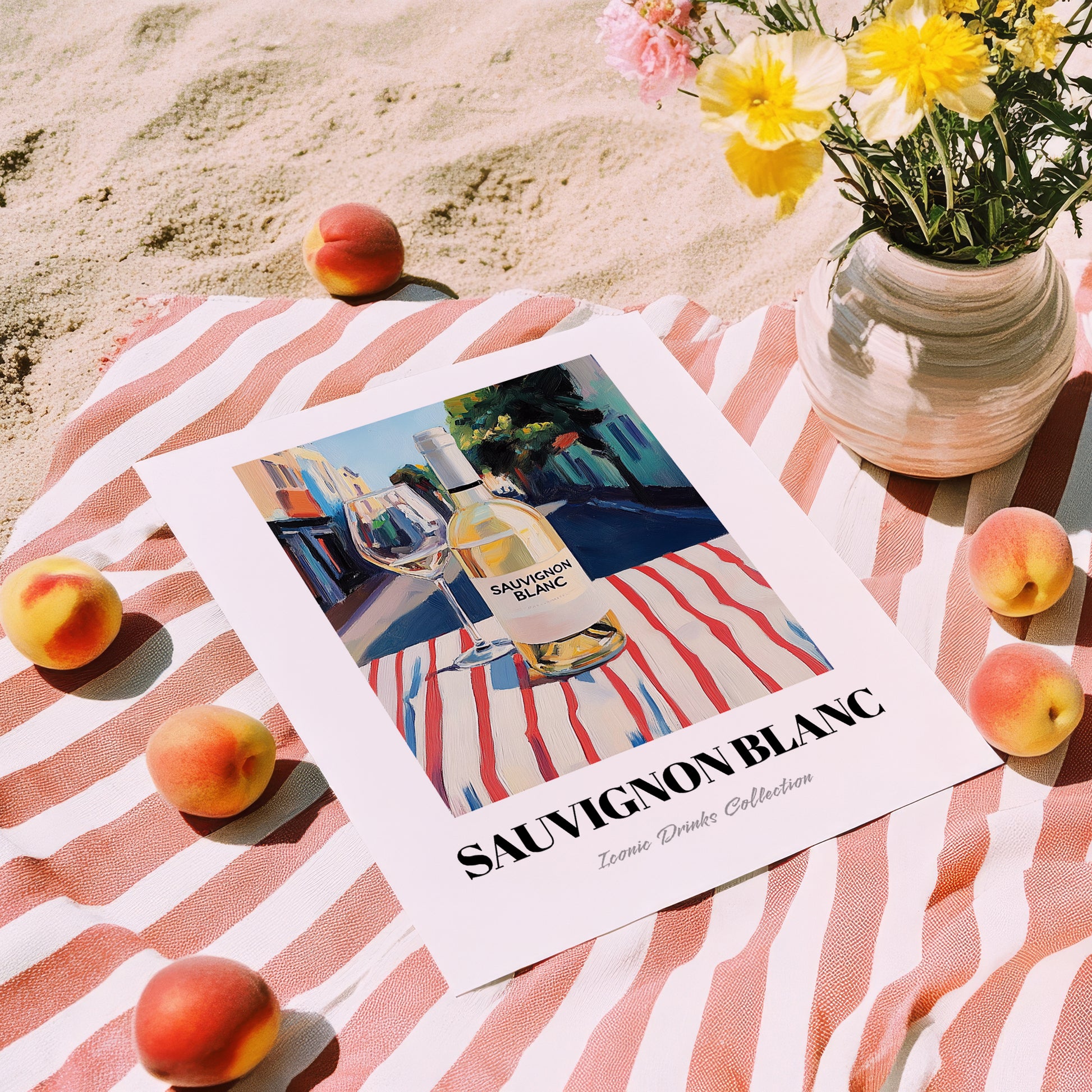 Sauvignon Blanc – New Zealander Outdoor Café Scene, New Zealander Wine Poster, unframed on coastal sand
