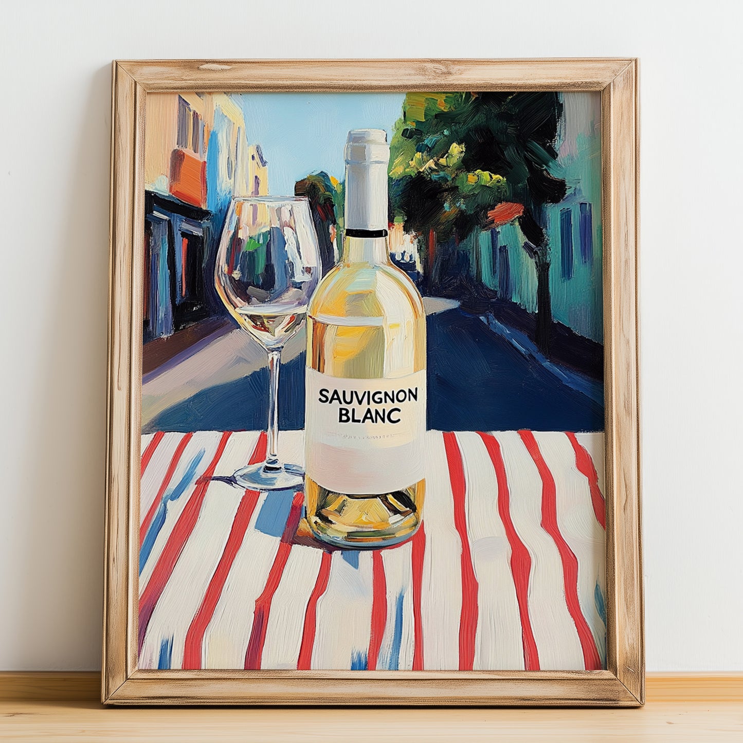 Sauvignon Blanc – New Zealander Outdoor Café Scene, New Zealander Wine Poster, no-text version framed in wood