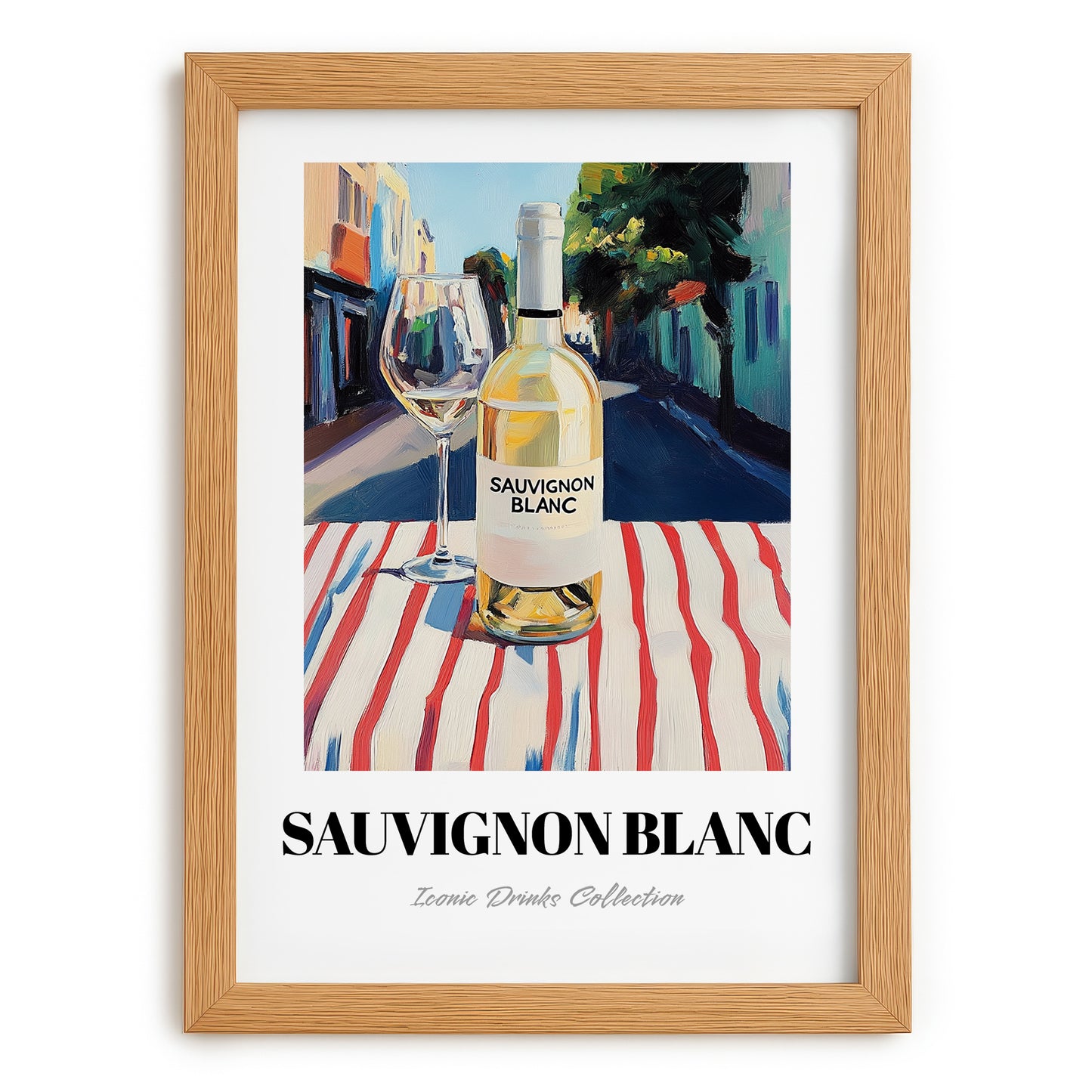 Sauvignon Blanc – New Zealander Outdoor Café Scene, New Zealander Wine Poster, set in oak frame
