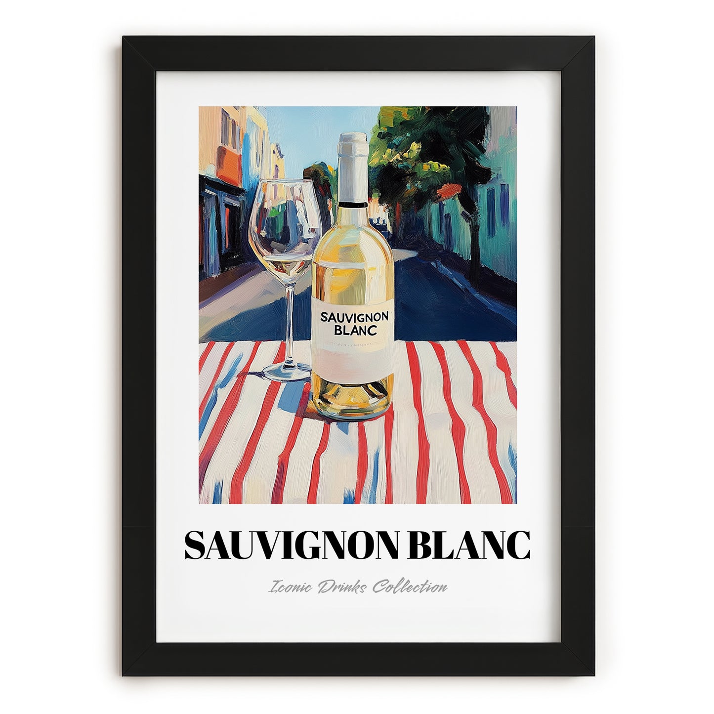 Sauvignon Blanc – New Zealander Outdoor Café Scene, New Zealander Wine Poster, in sleek black frame