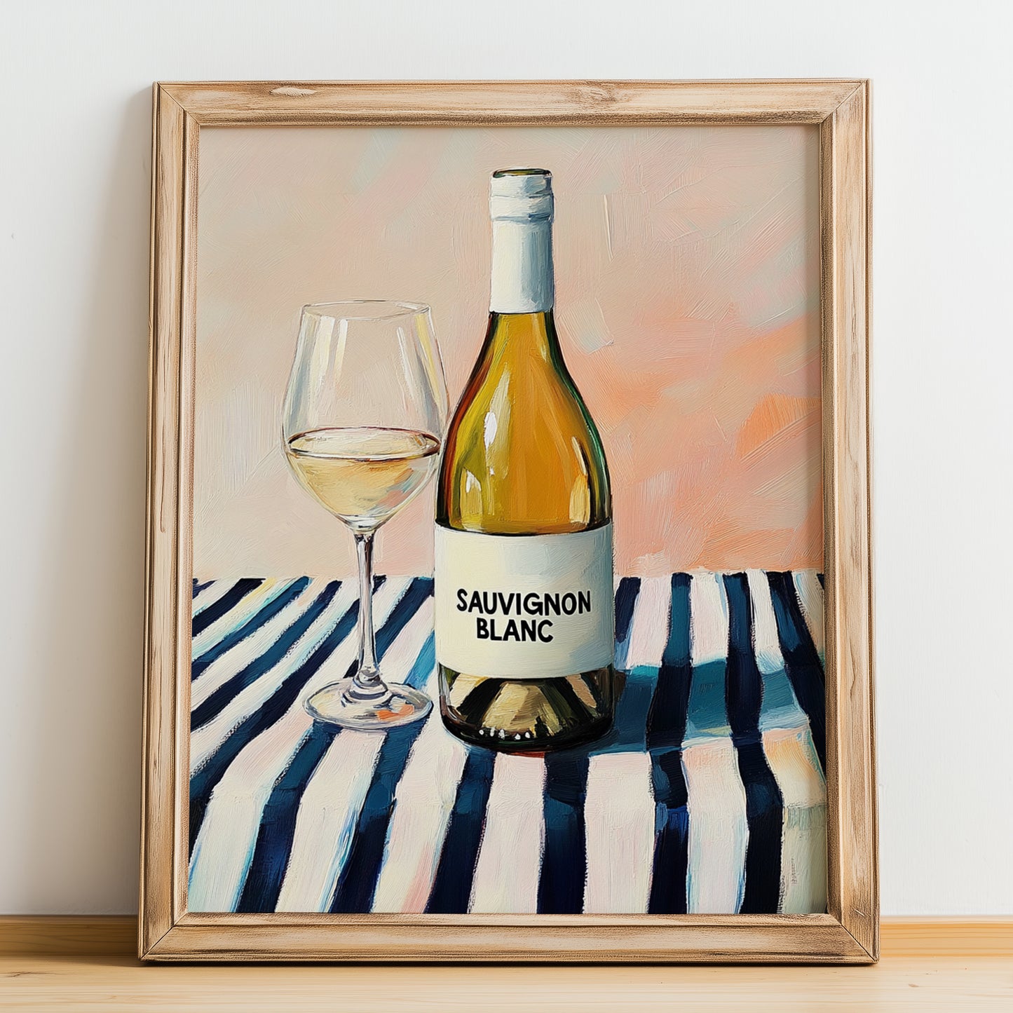 Sauvignon Blanc – on Striped Tablecloth, New Zealander Lemonade Illustration, no-text version framed in wood