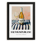 Sauvignon Blanc – on Striped Tablecloth, New Zealander Lemonade Illustration, in sleek black frame