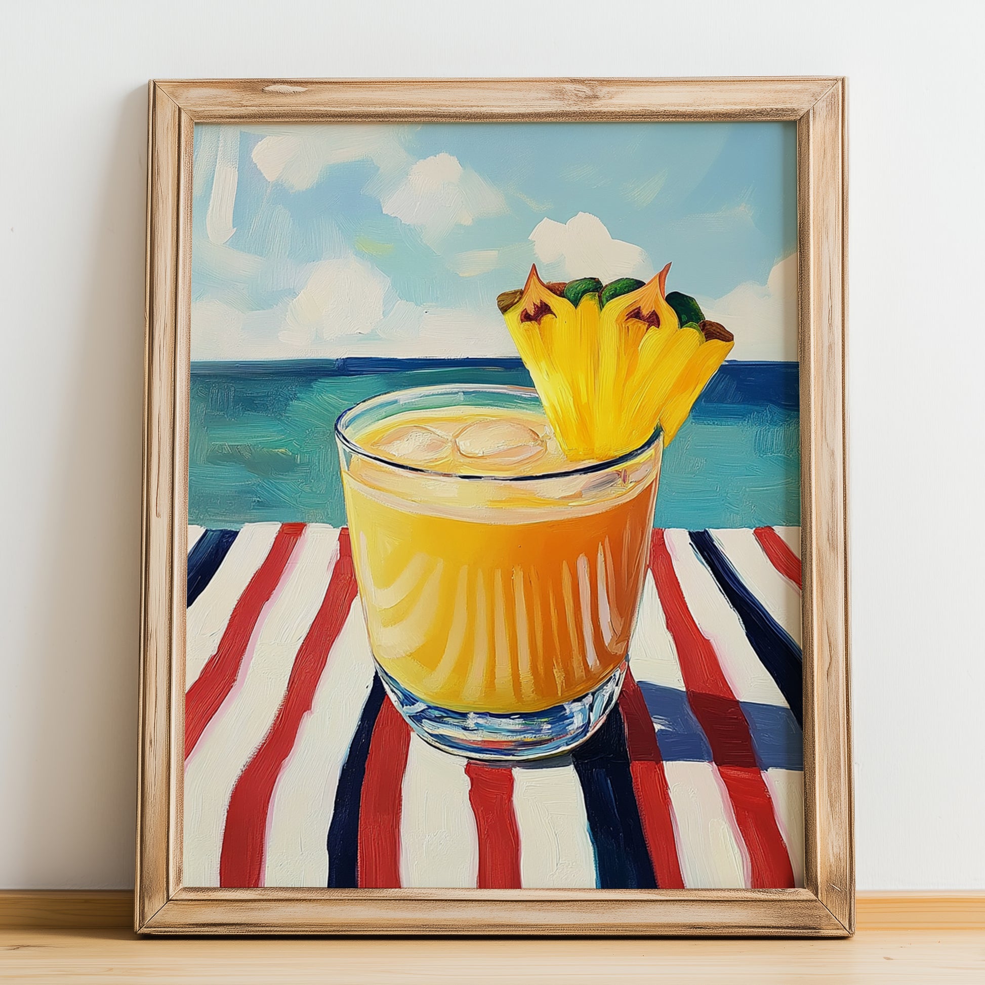 Goombay Smash – Bahamian Coastal Café Moment, Bahamian Cocktail Print, no-text version framed in wood