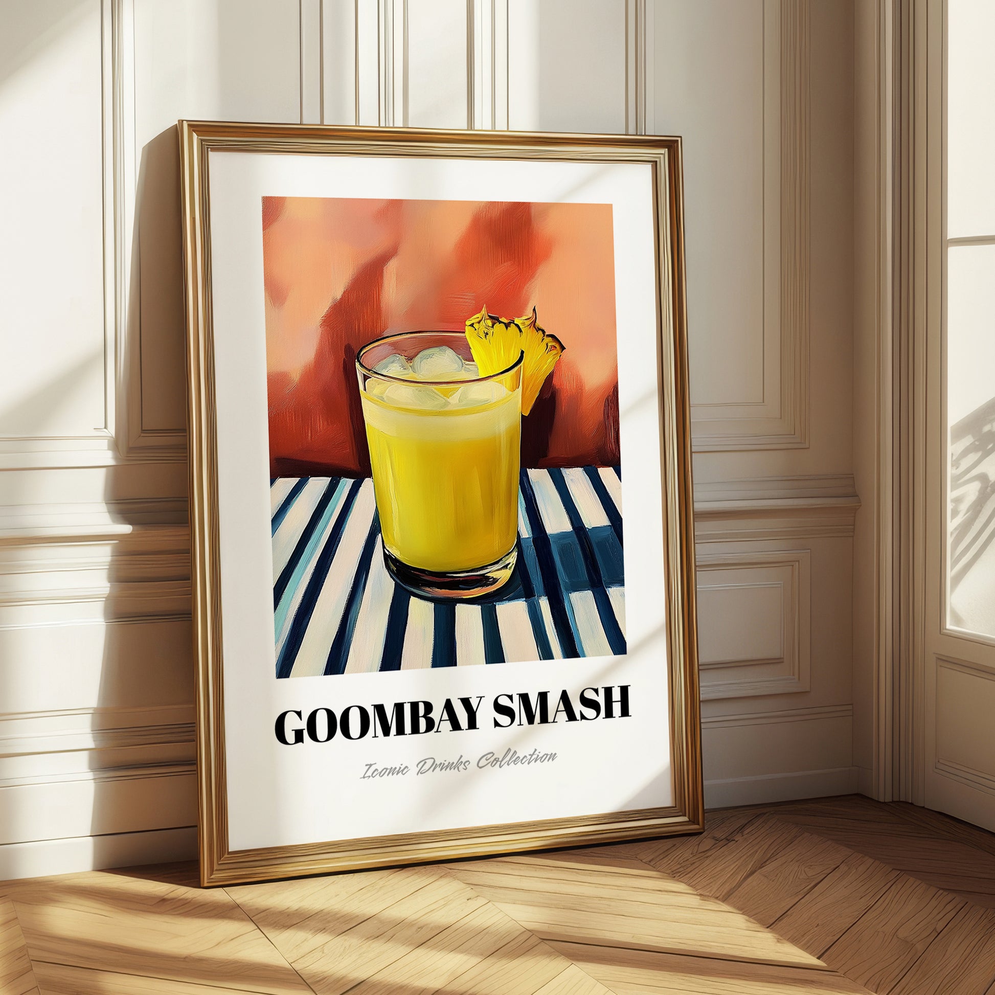 Goombay Smash – on Striped Tablecloth, Bahamian Cocktail Wall Illustration
