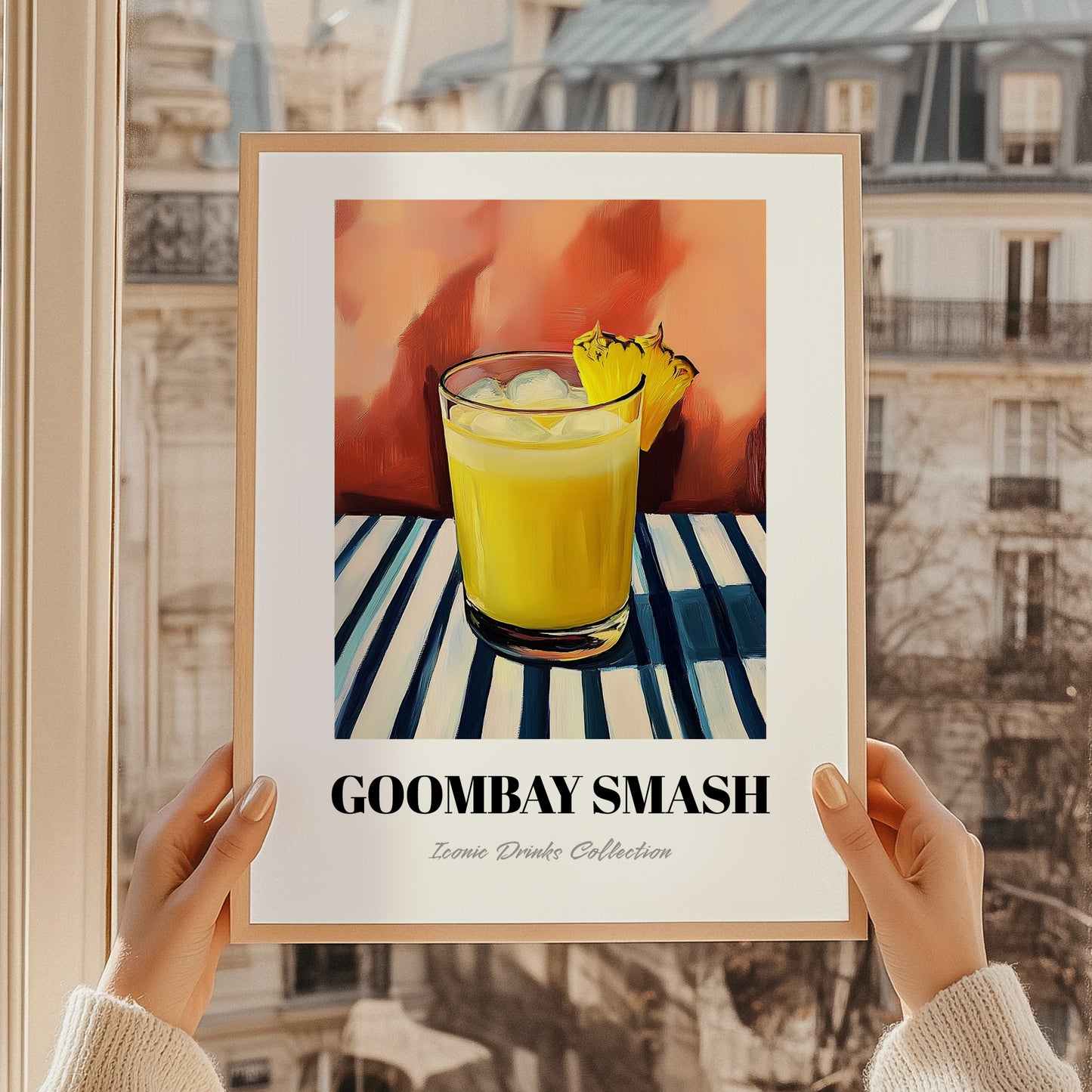 Goombay Smash – on Striped Tablecloth, Bahamian Cocktail Wall Illustration, styled in a charming Paris street view