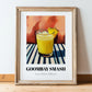 Goombay Smash – on Striped Tablecloth, Bahamian Cocktail Wall Illustration, in wooden frame leaning on the floor