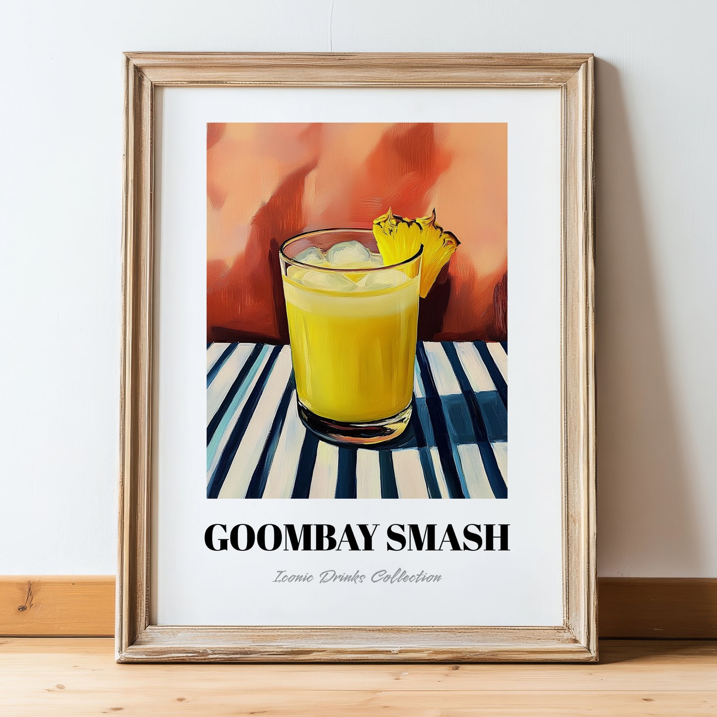 Goombay Smash – on Striped Tablecloth, Bahamian Cocktail Wall Illustration, in wooden frame leaning on the floor