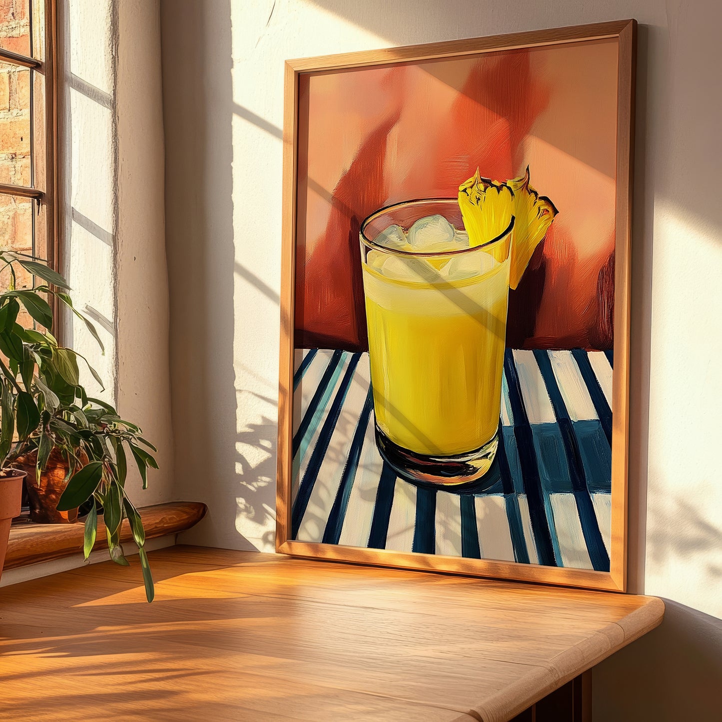 Goombay Smash – on Striped Tablecloth, Bahamian Cocktail Wall Illustration, clean layout with no caption