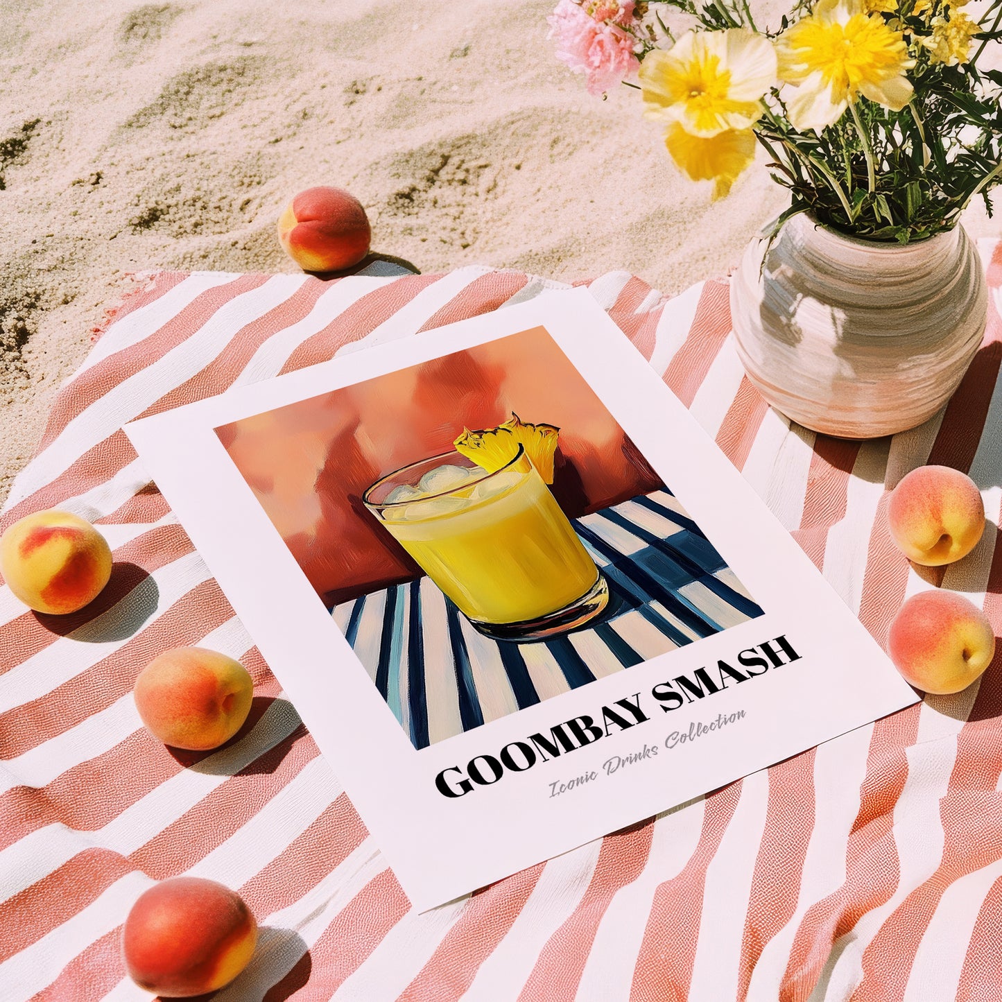 Goombay Smash – on Striped Tablecloth, Bahamian Cocktail Wall Illustration, unframed on coastal sand