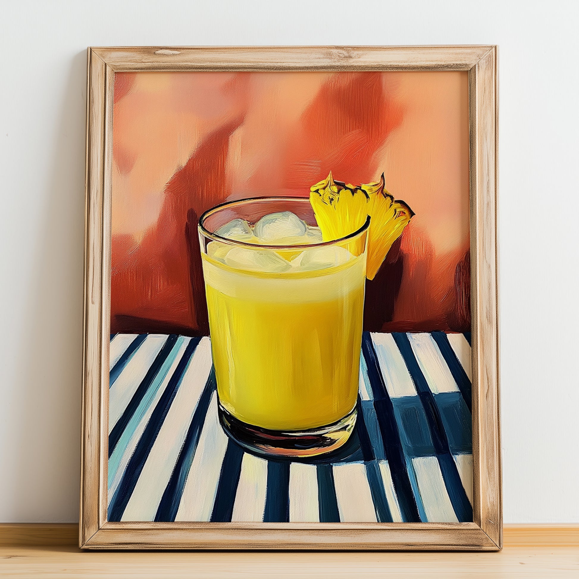 Goombay Smash – on Striped Tablecloth, Bahamian Cocktail Wall Illustration, no-text version framed in wood