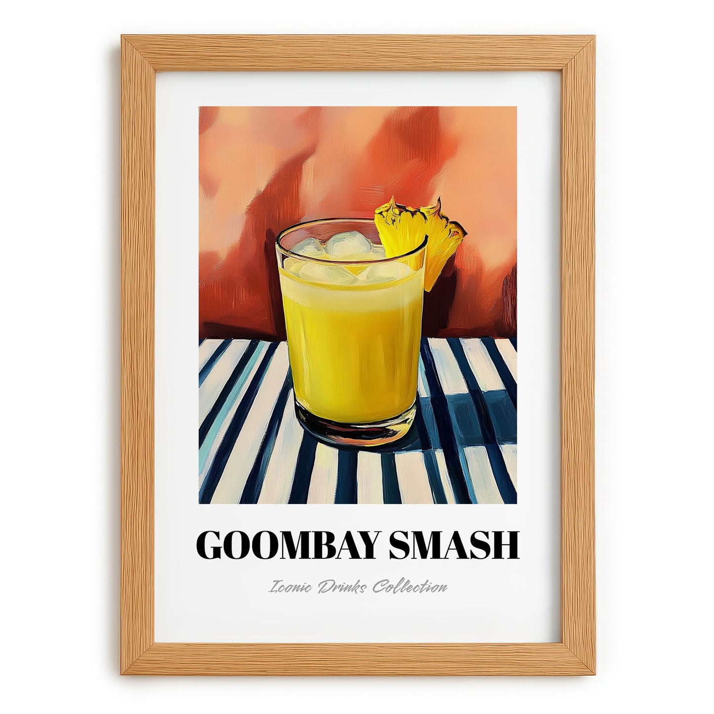 Goombay Smash – on Striped Tablecloth, Bahamian Cocktail Wall Illustration, set in oak frame