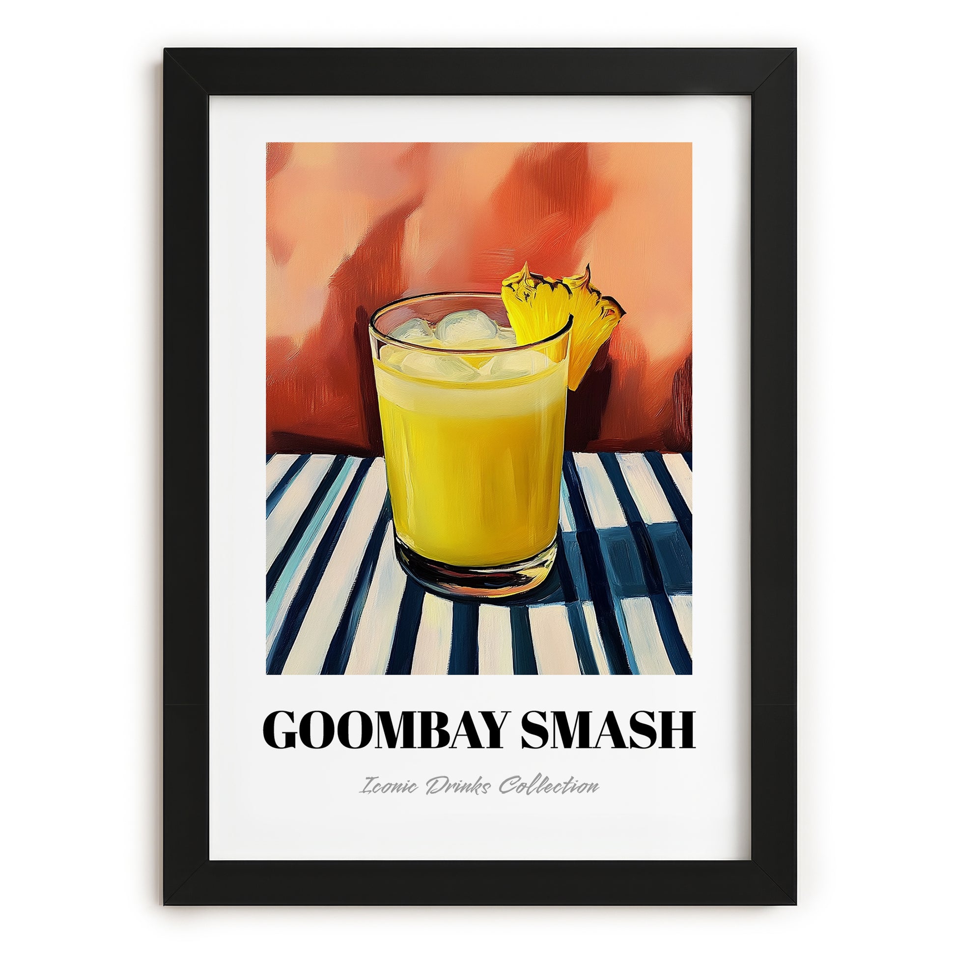 Goombay Smash – on Striped Tablecloth, Bahamian Cocktail Wall Illustration, in sleek black frame