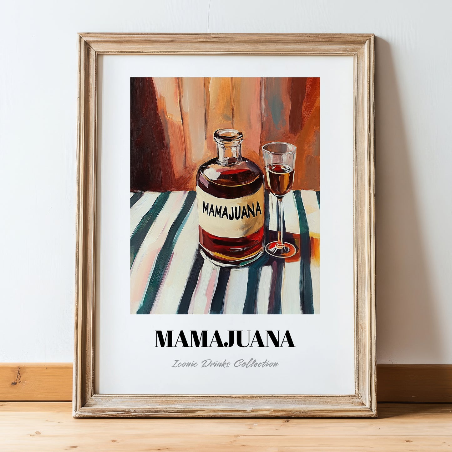 Mamajuana – on Striped Tablecloth, Dominican Spirit Still Life, in wooden frame leaning on the floor