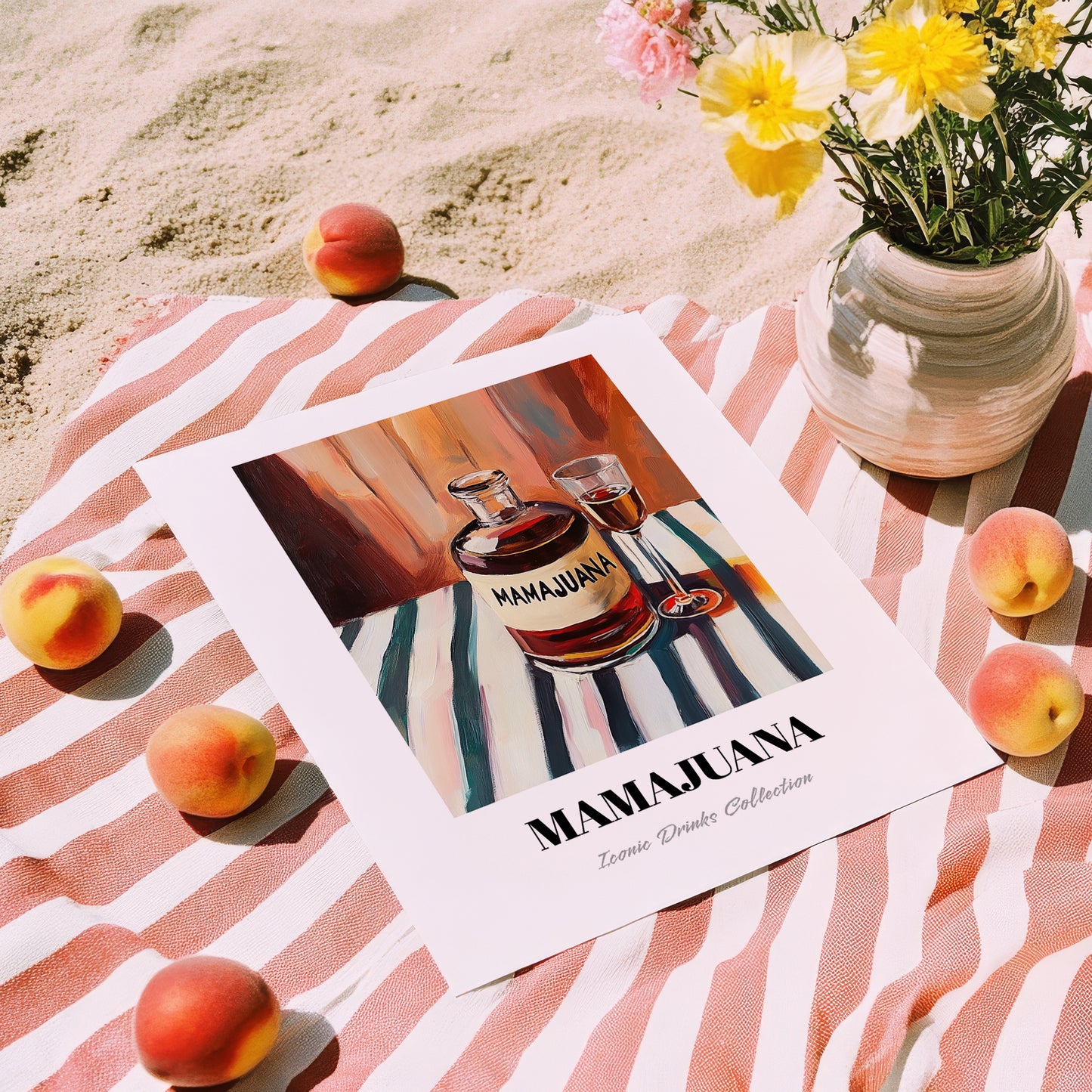 Mamajuana – on Striped Tablecloth, Dominican Spirit Still Life, unframed on coastal sand