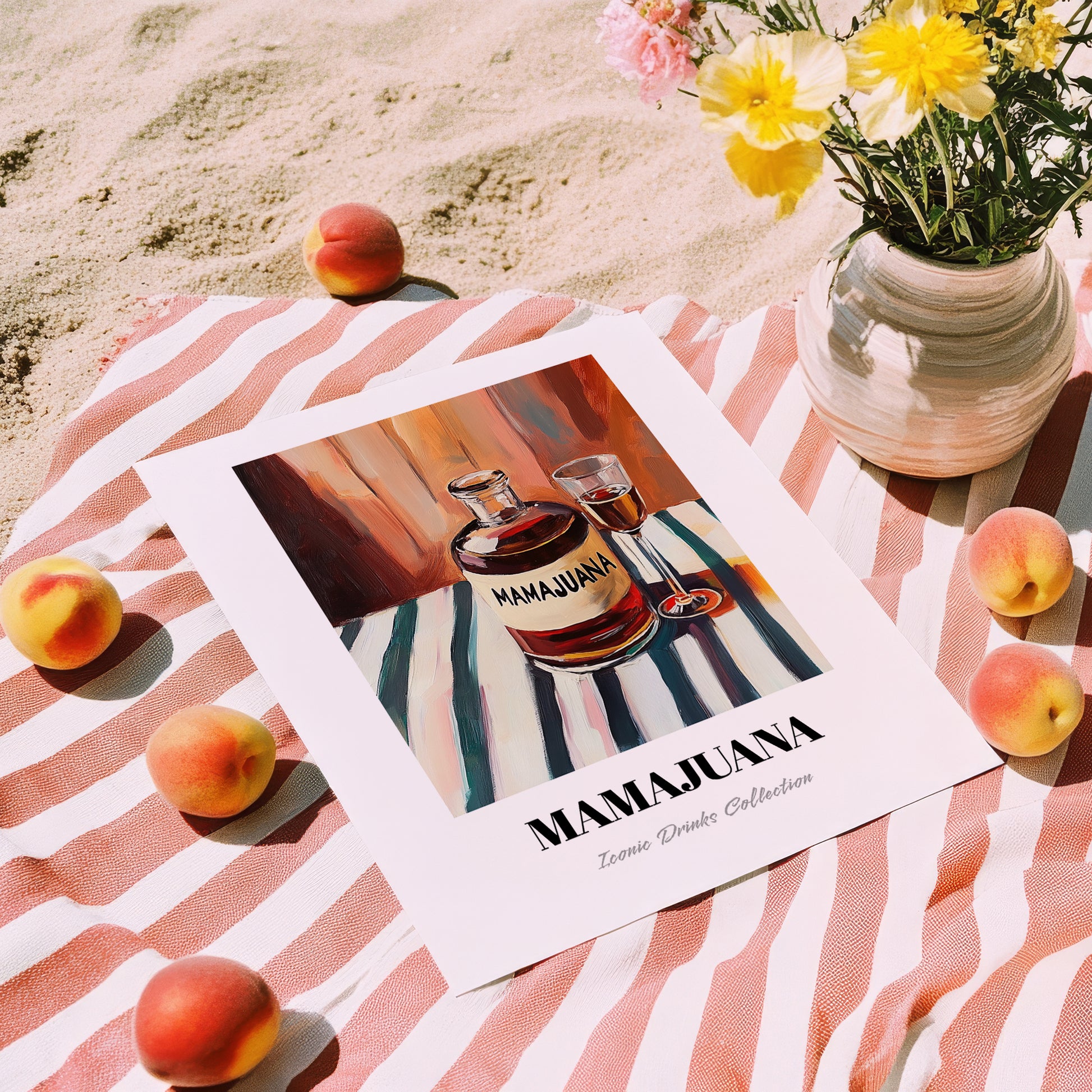 Mamajuana – on Striped Tablecloth, Dominican Spirit Still Life, unframed on coastal sand