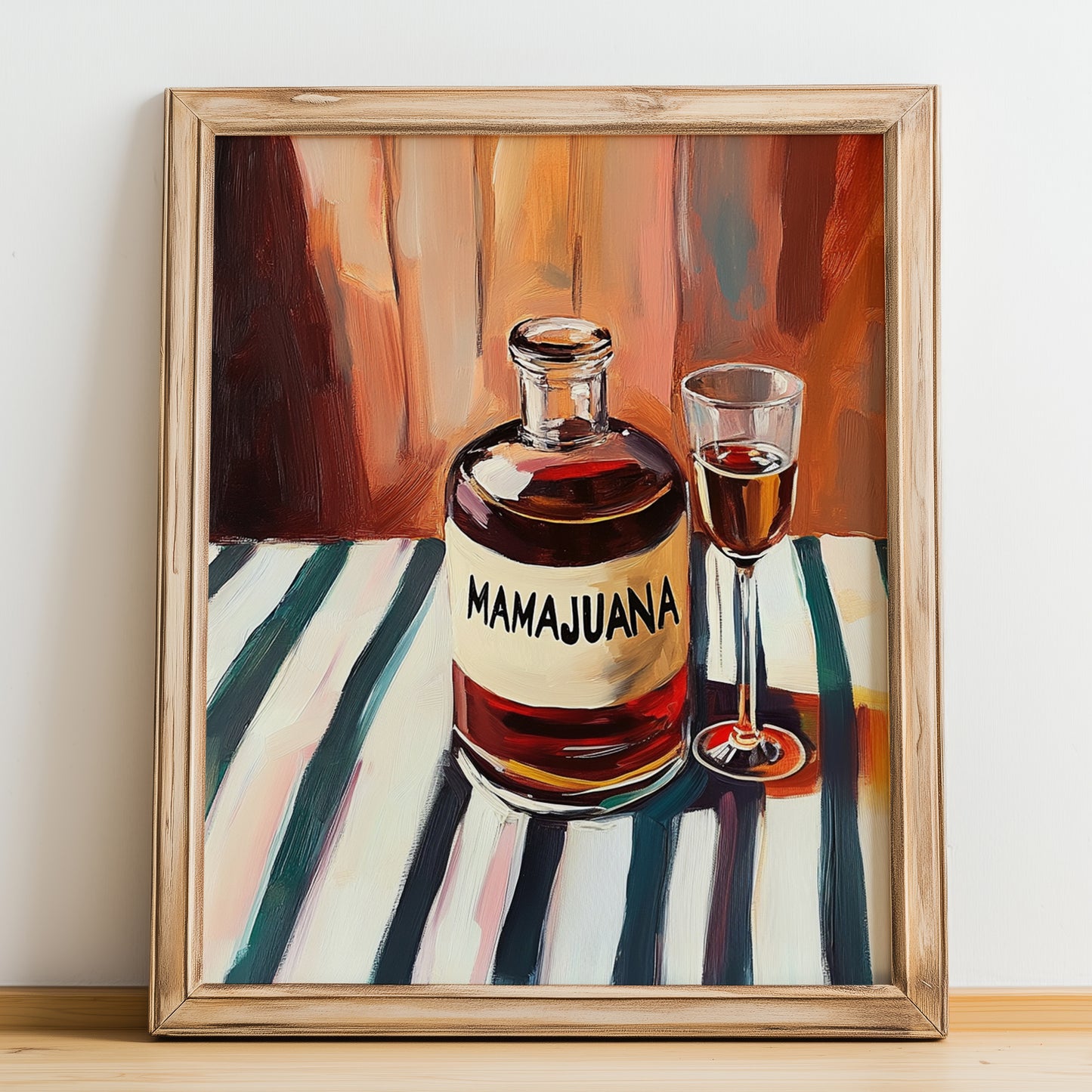 Mamajuana – on Striped Tablecloth, Dominican Spirit Still Life, no-text version framed in wood