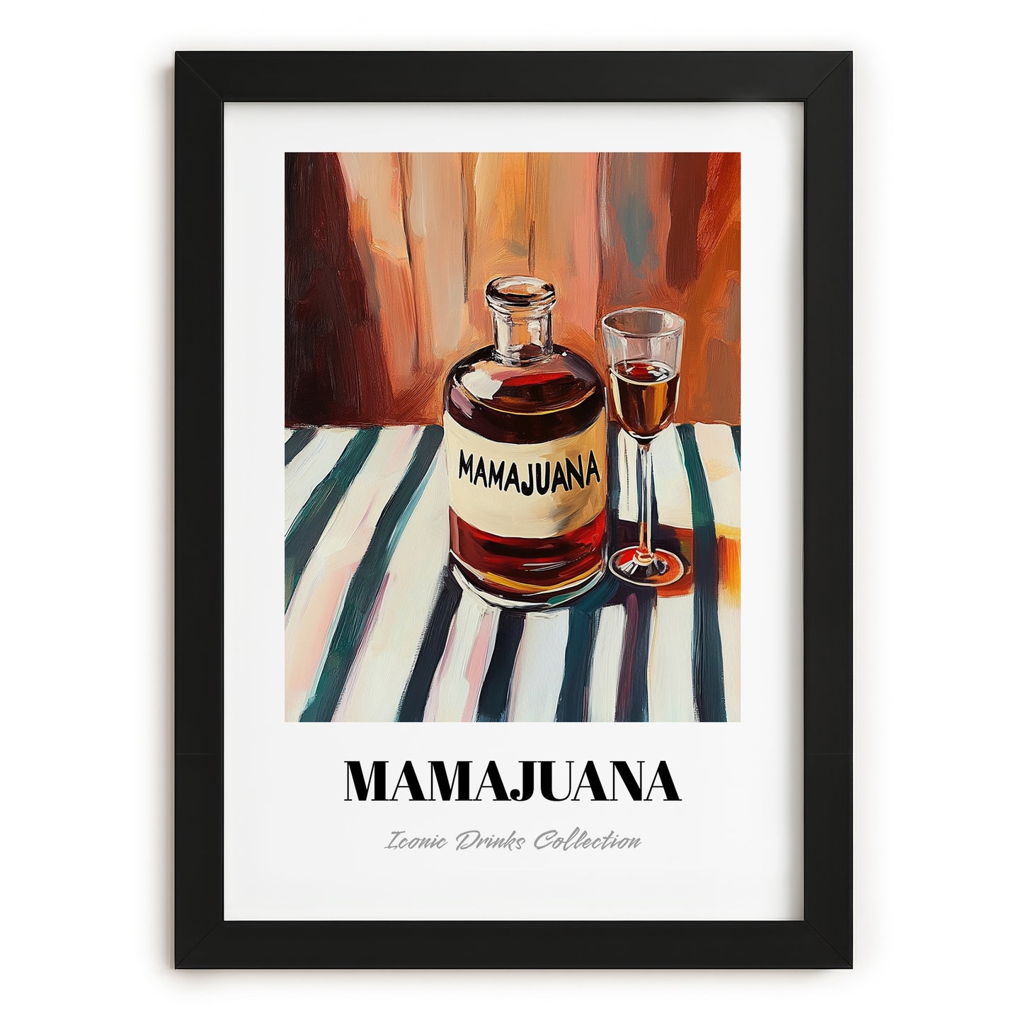 Mamajuana – on Striped Tablecloth, Dominican Spirit Still Life, in sleek black frame