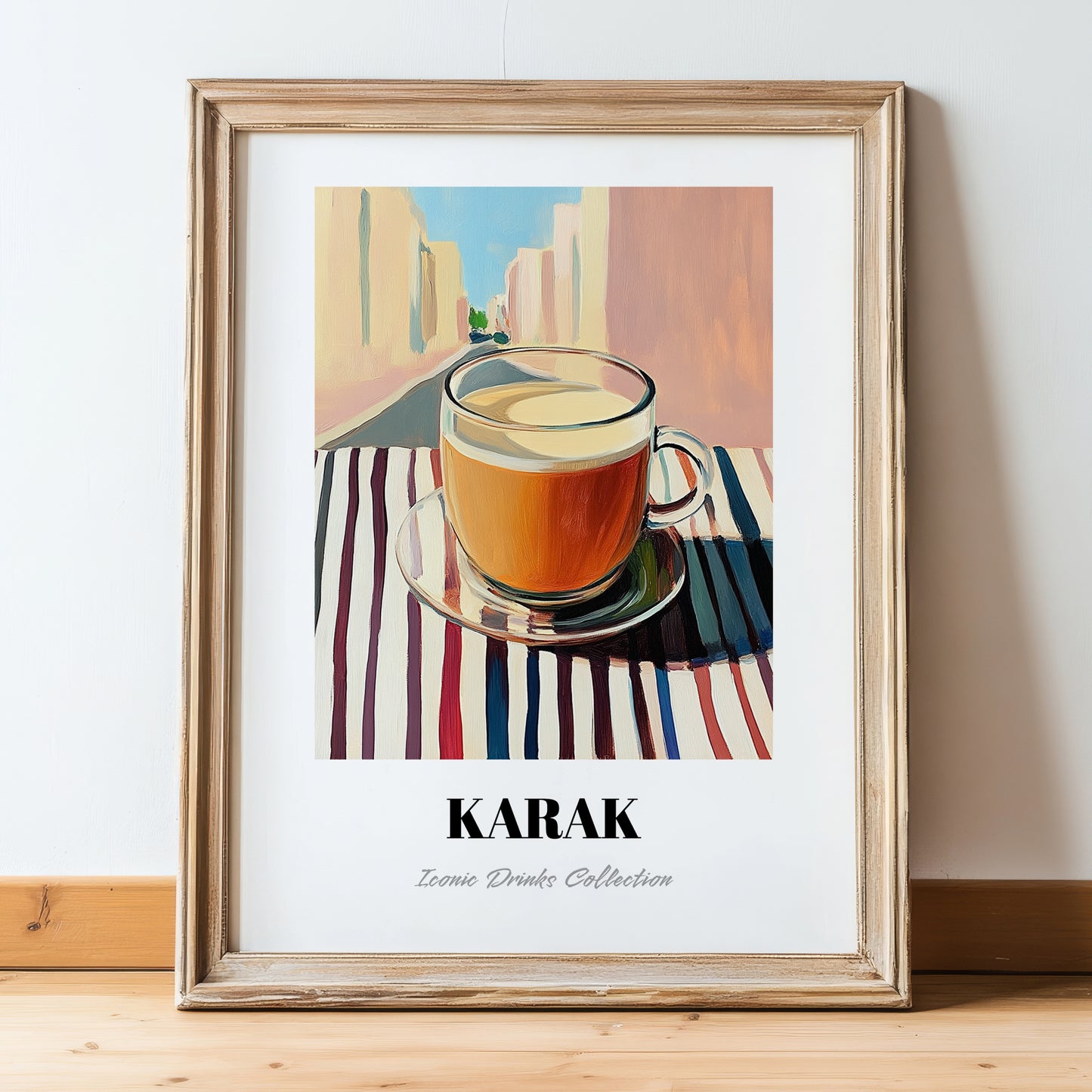 Karak – Qatari Urban Café Scene, Qatari Tea Print, in wooden frame leaning on the floor