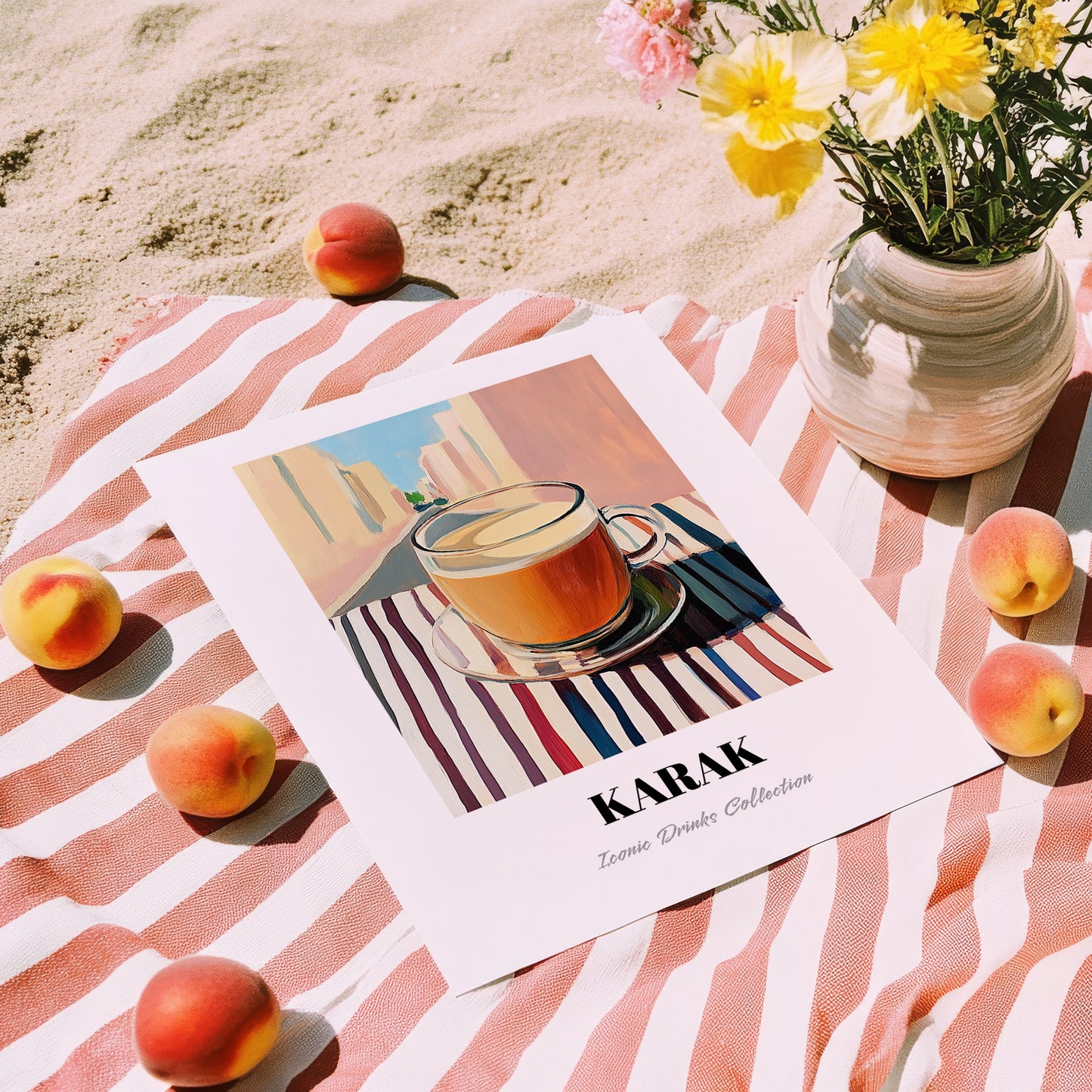 Karak – Qatari Urban Café Scene, Qatari Tea Print, unframed on coastal sand