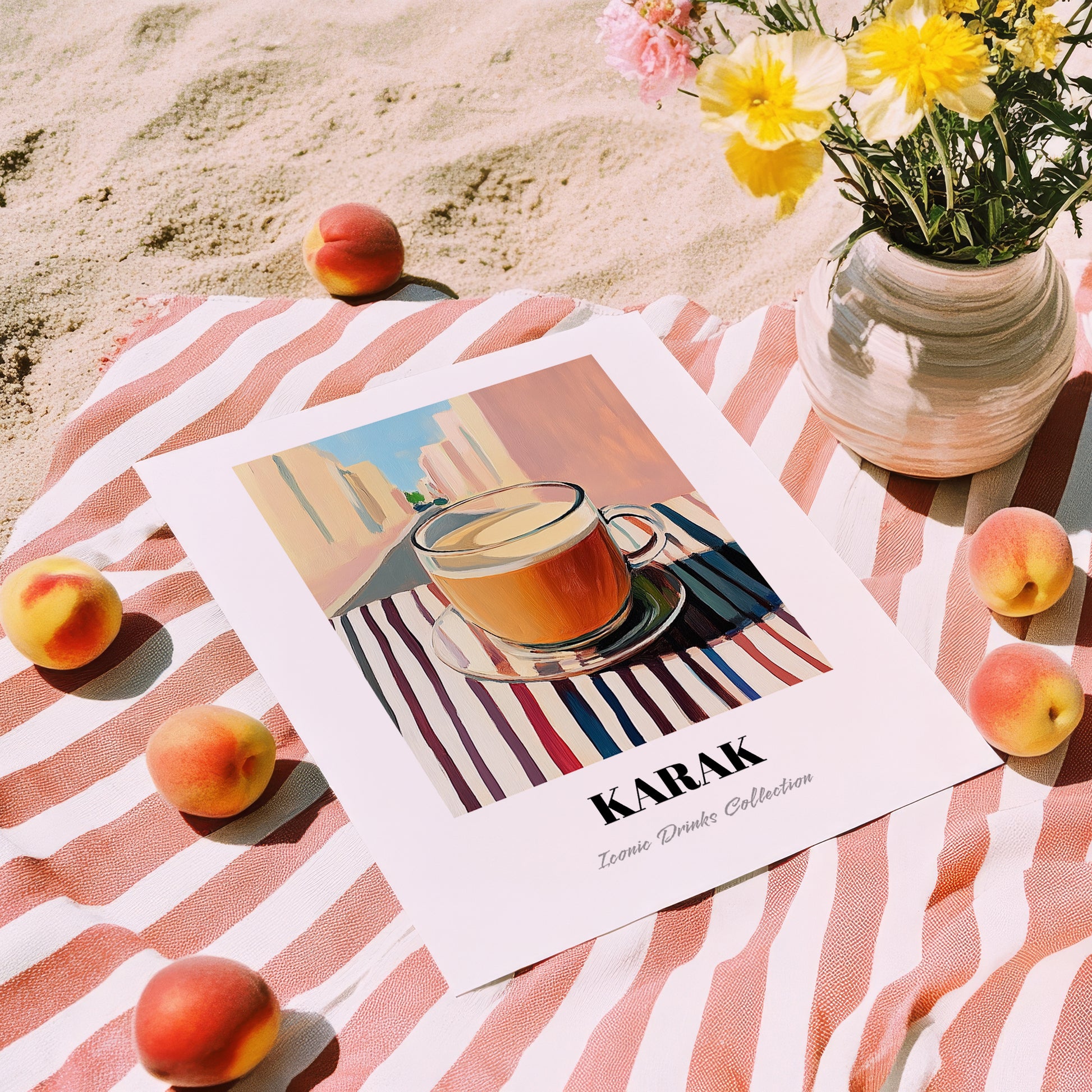 Karak – Qatari Urban Café Scene, Qatari Tea Print, unframed on coastal sand