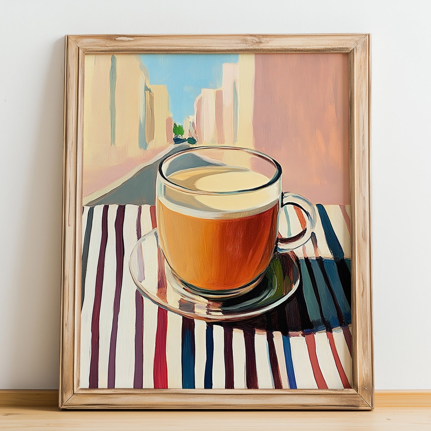 Karak – Qatari Urban Café Scene, Qatari Tea Print, no-text version framed in wood