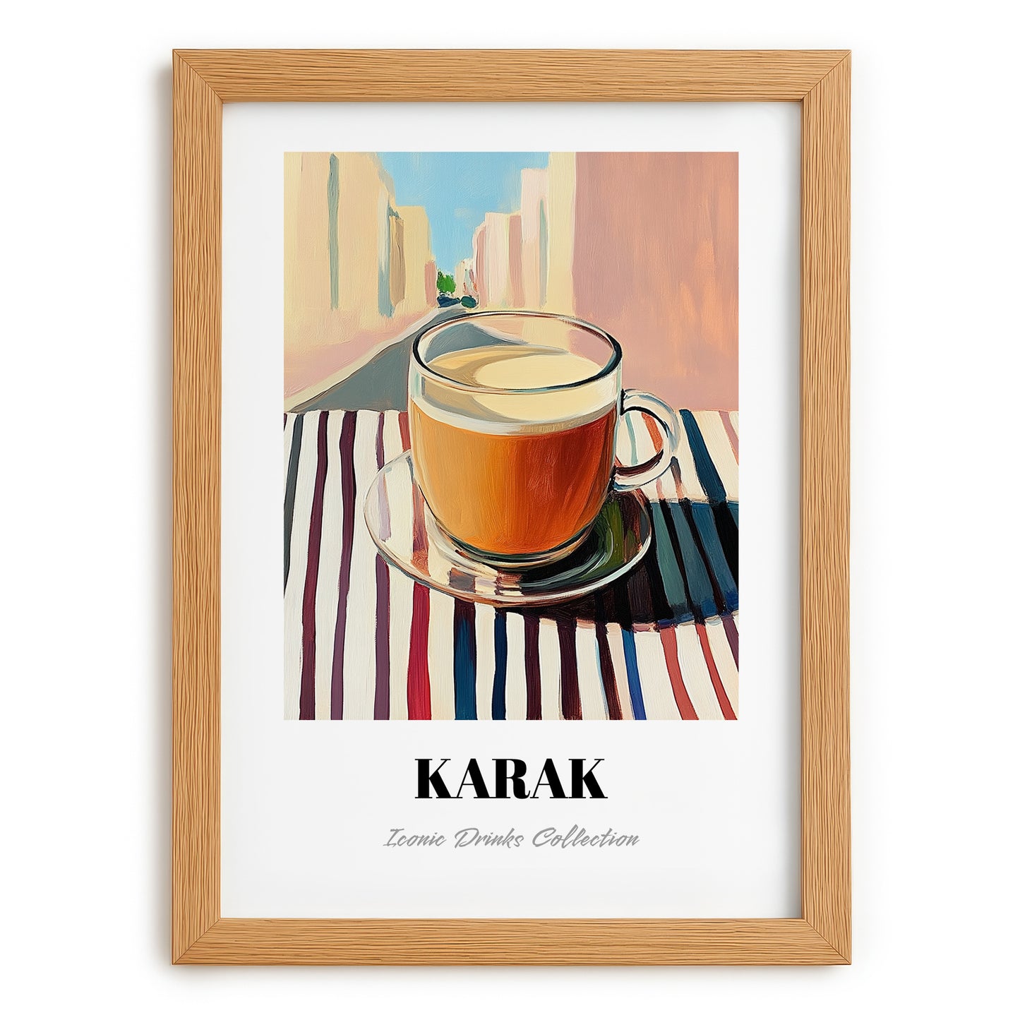 Karak – Qatari Urban Café Scene, Qatari Tea Print, set in oak frame