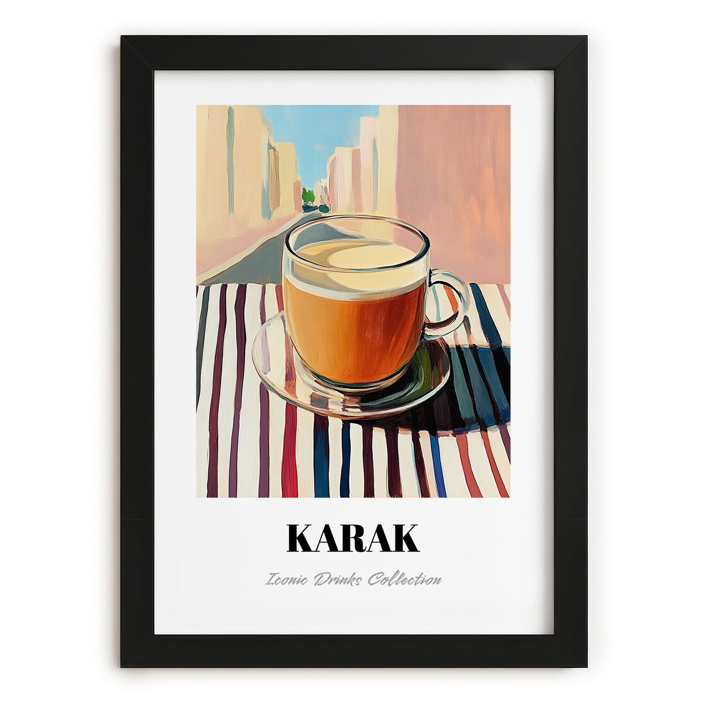 Karak – Qatari Urban Café Scene, Qatari Tea Print, in sleek black frame