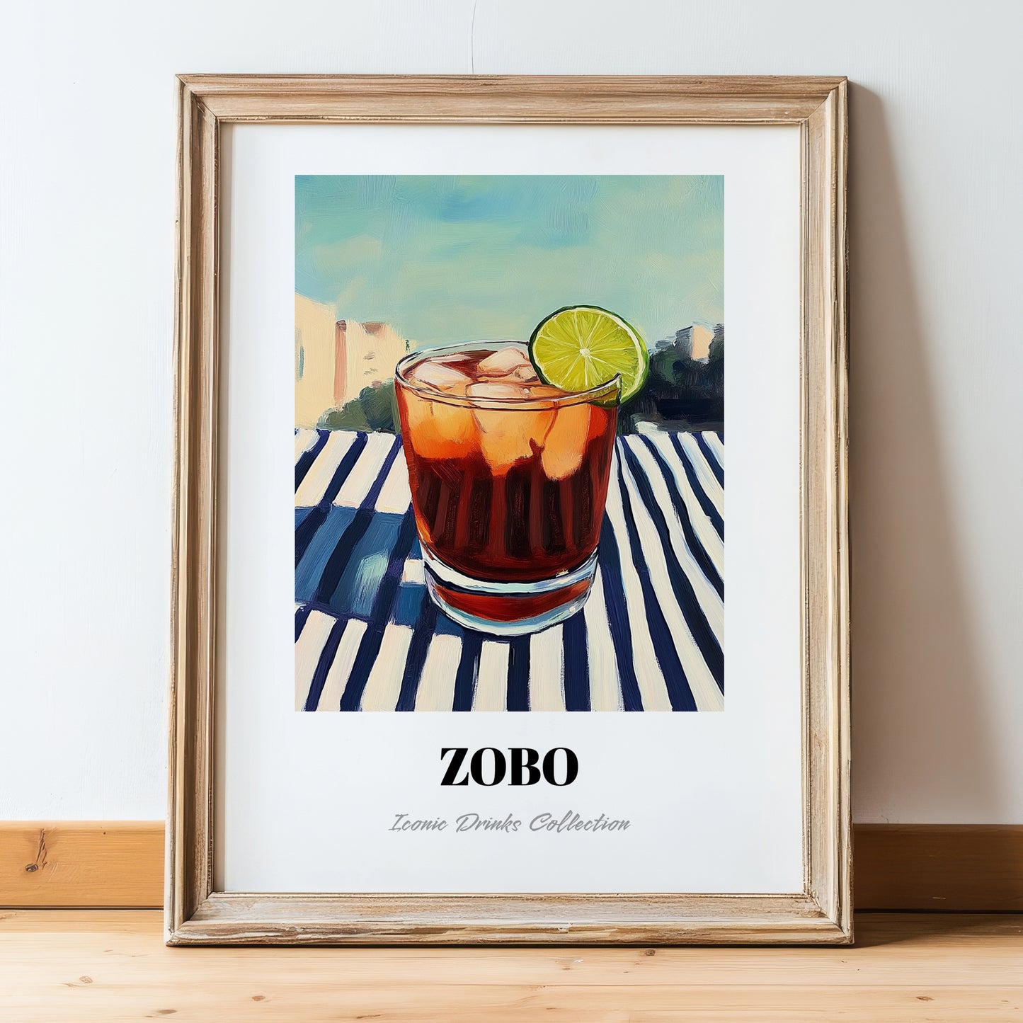 Zobo – Nigerian Street Café Scene, Nigerian Beverage Poster, in wooden frame leaning on the floor