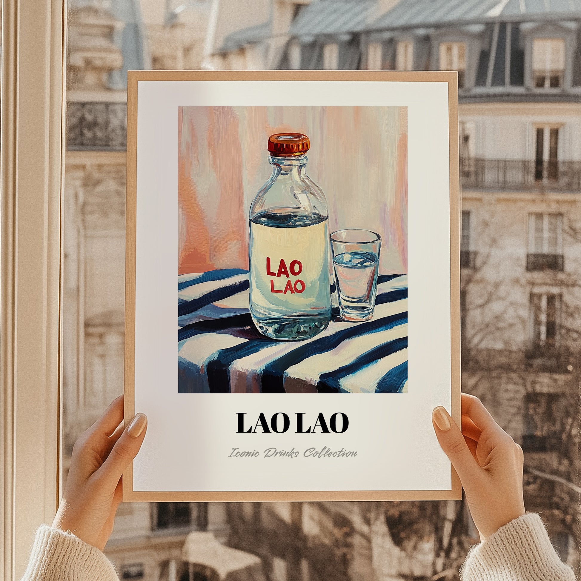 Lao-Lao – on Striped Tablecloth, Laos Spirit Poster, styled in a charming Paris street view