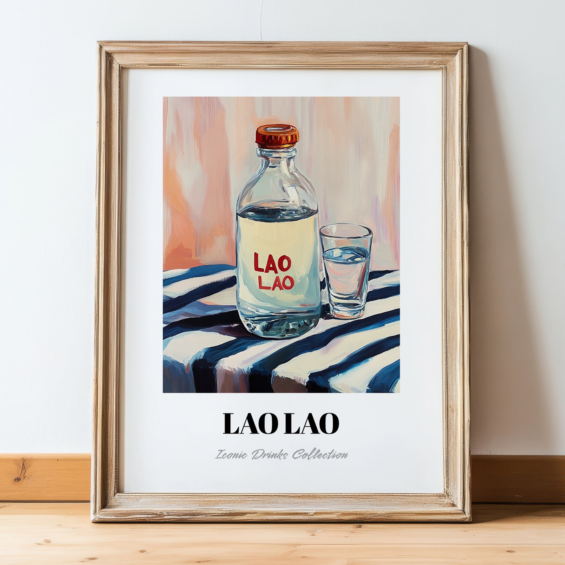 Lao-Lao – on Striped Tablecloth, Laos Spirit Poster, in wooden frame leaning on the floor