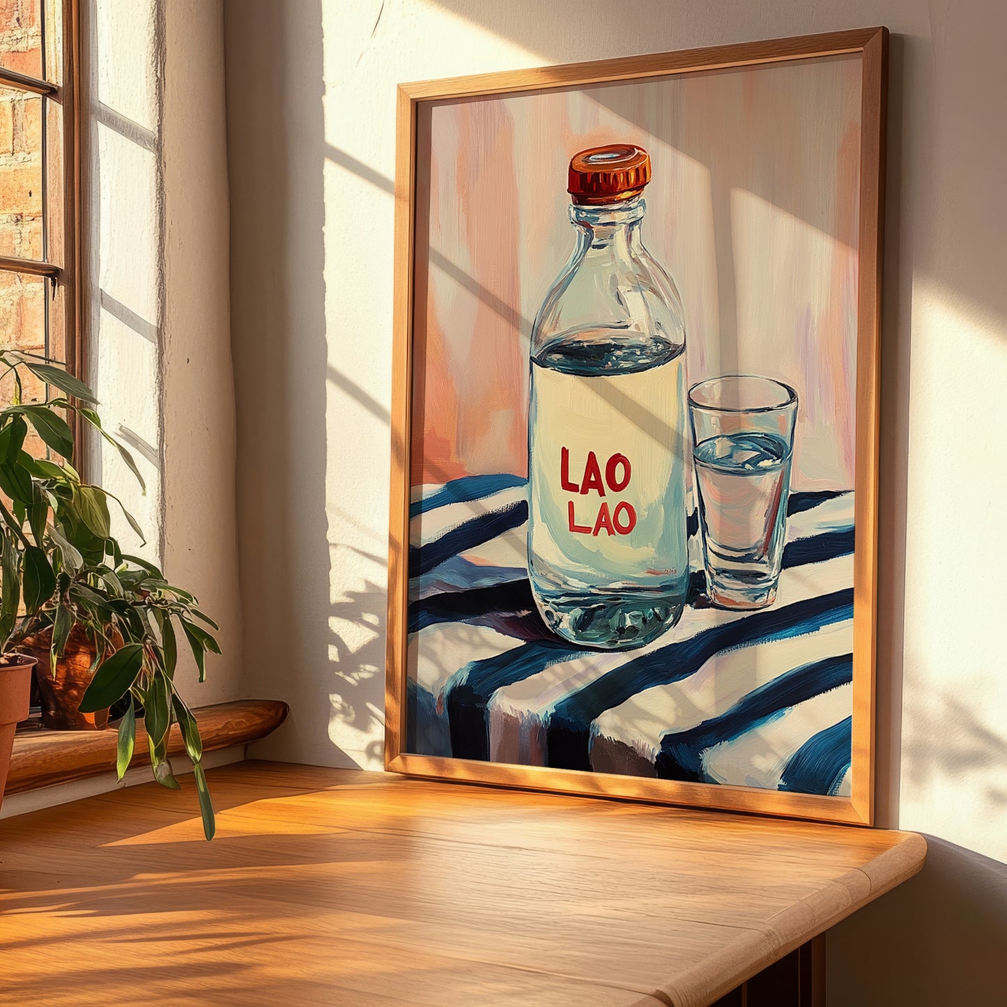 Lao-Lao – on Striped Tablecloth, Laos Spirit Poster, clean layout with no caption