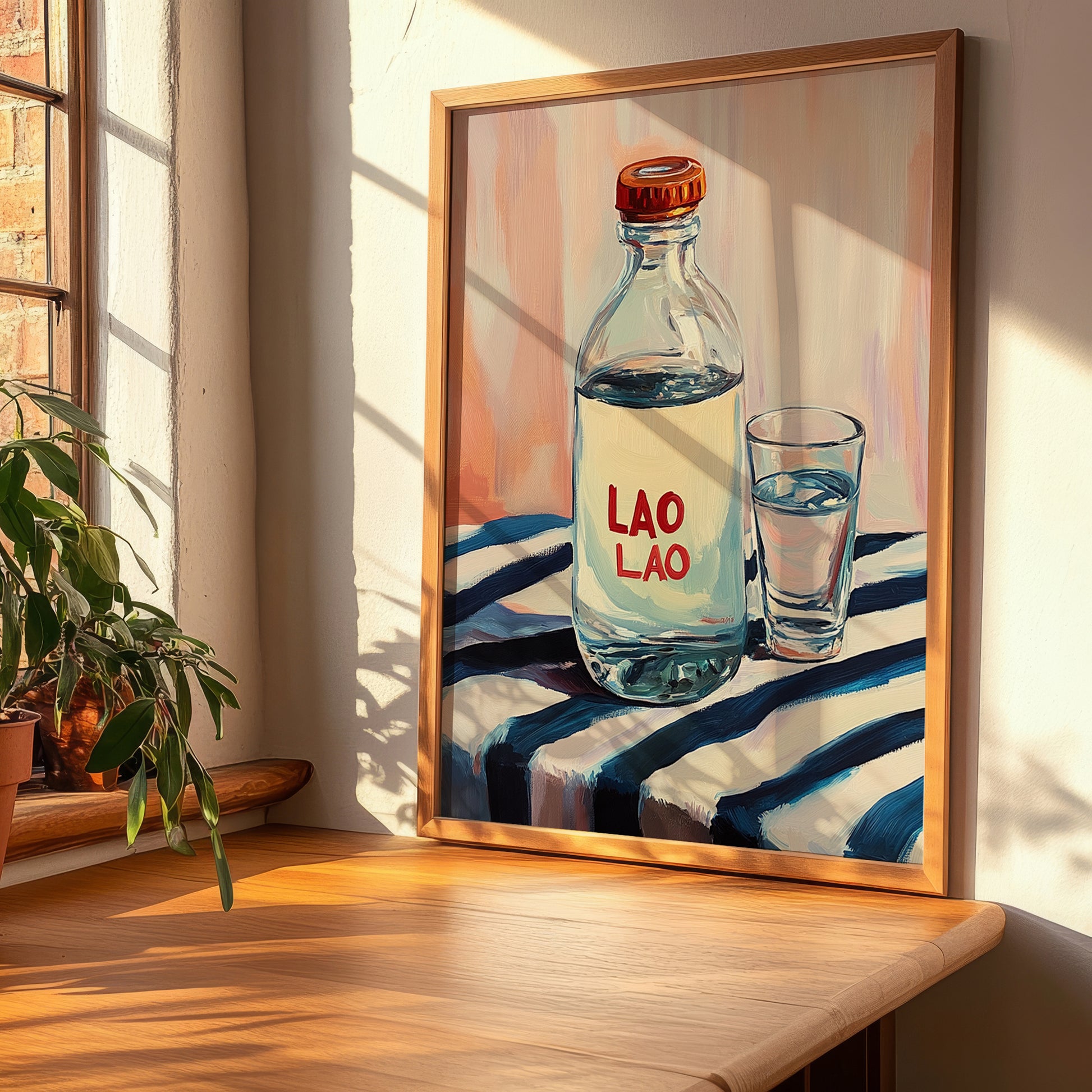 Lao-Lao – on Striped Tablecloth, Laos Spirit Poster, clean layout with no caption