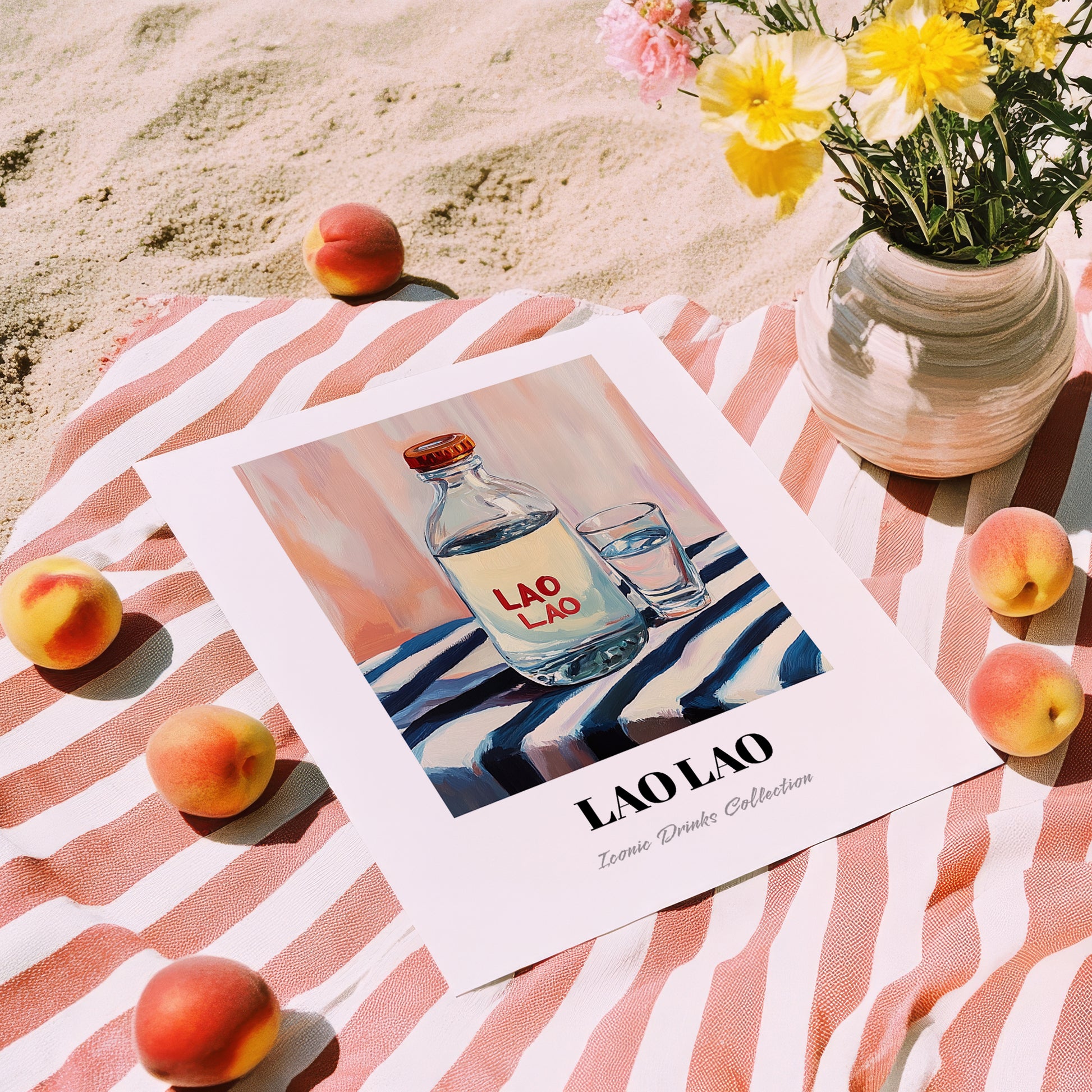 Lao-Lao – on Striped Tablecloth, Laos Spirit Poster, unframed on coastal sand