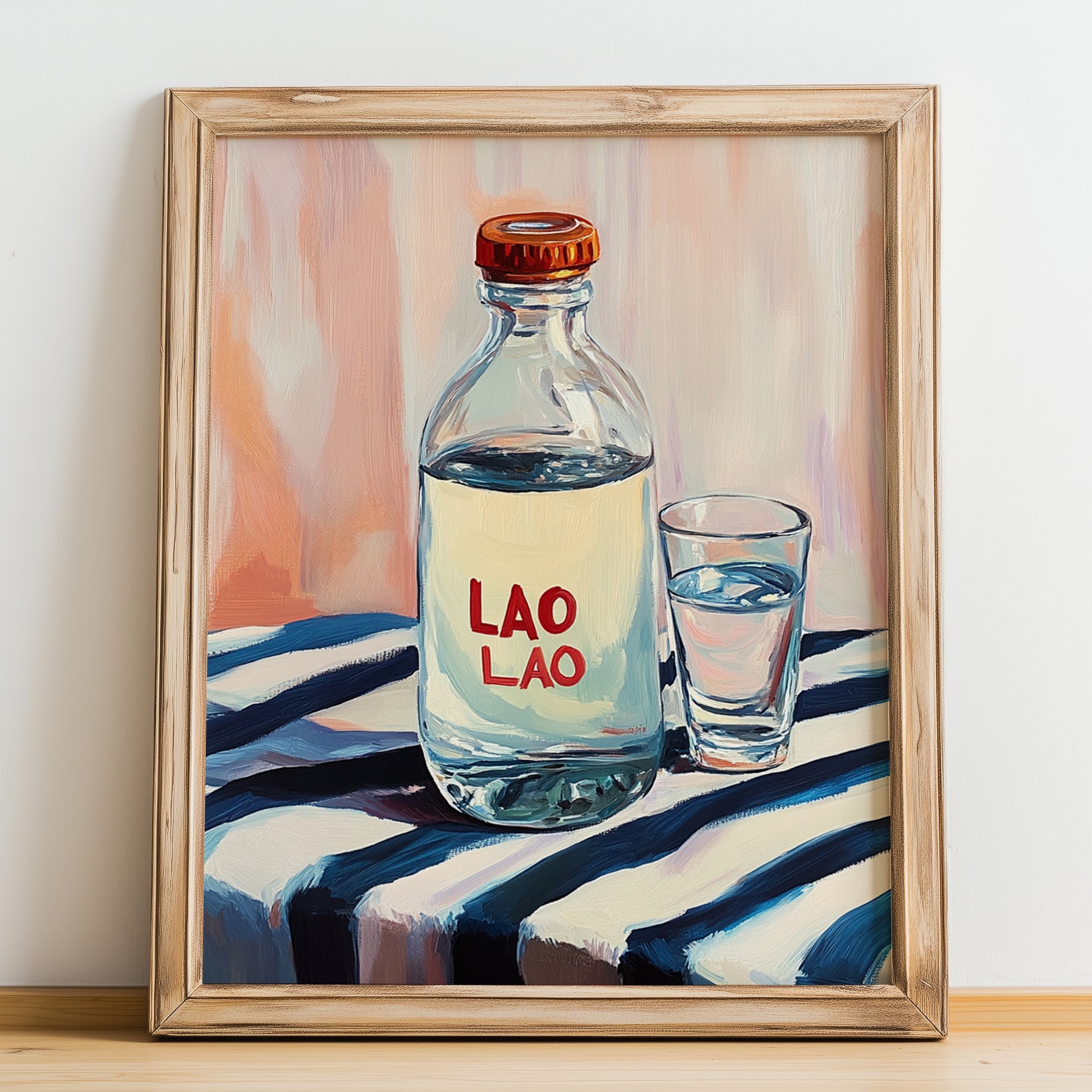 Lao-Lao – on Striped Tablecloth, Laos Spirit Poster, no-text version framed in wood