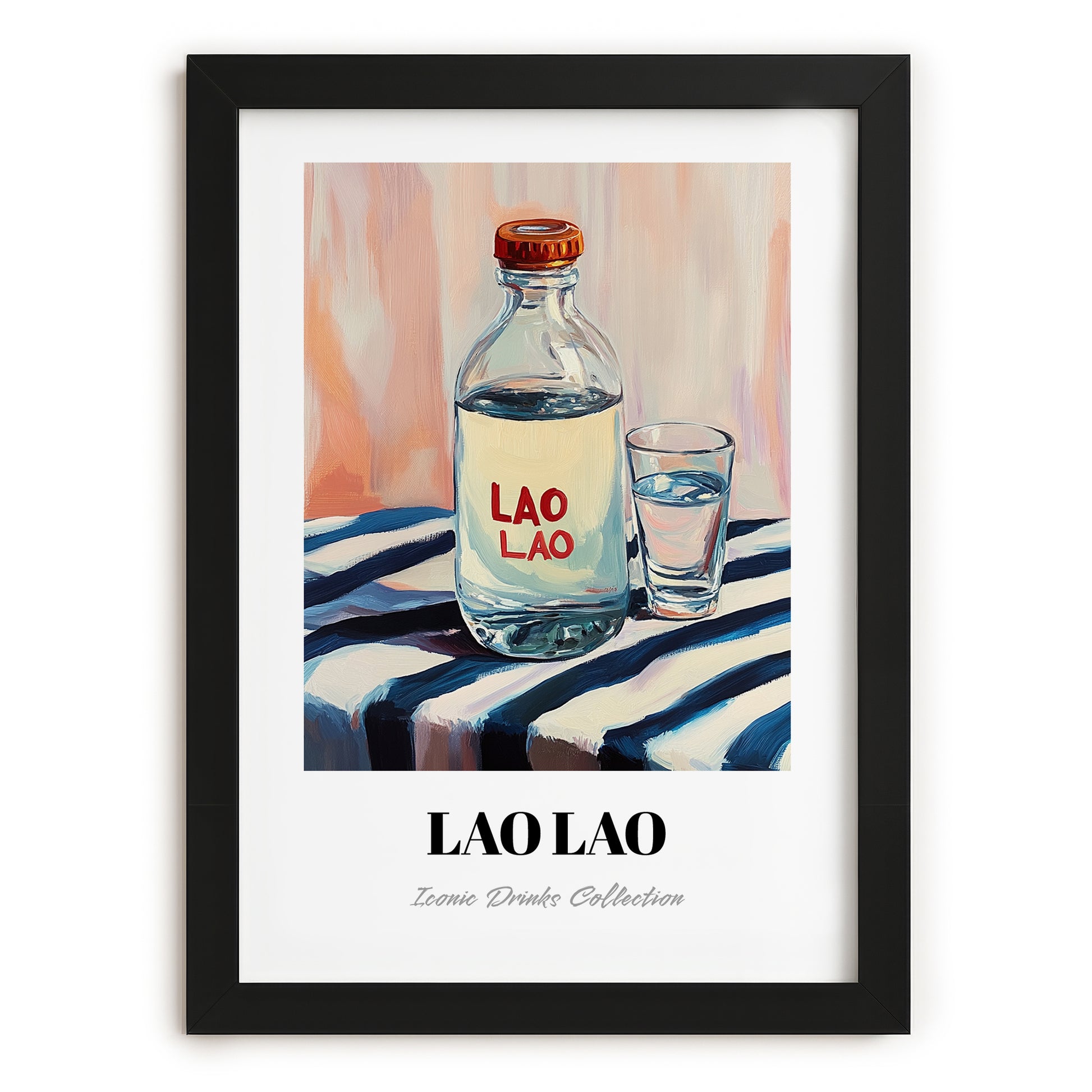 Lao-Lao – on Striped Tablecloth, Laos Spirit Poster, in sleek black frame