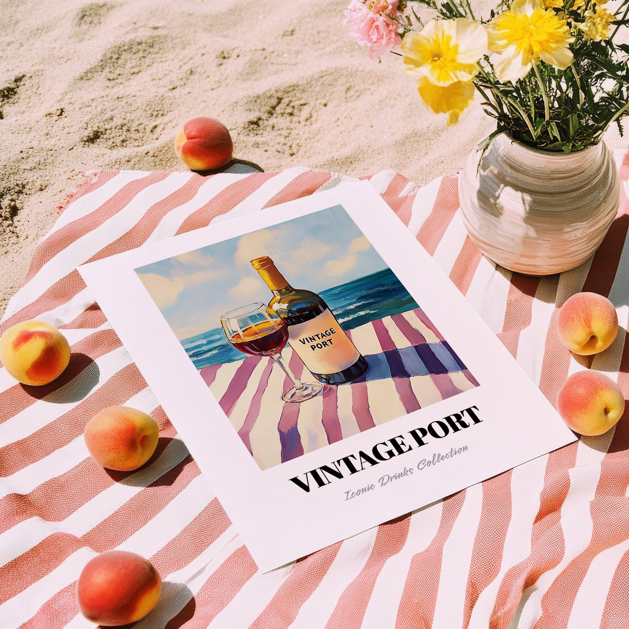 Vintage Port – Portuguese Seaside Café Scene, Portuguese Dessert Wine Painting, unframed on coastal sand