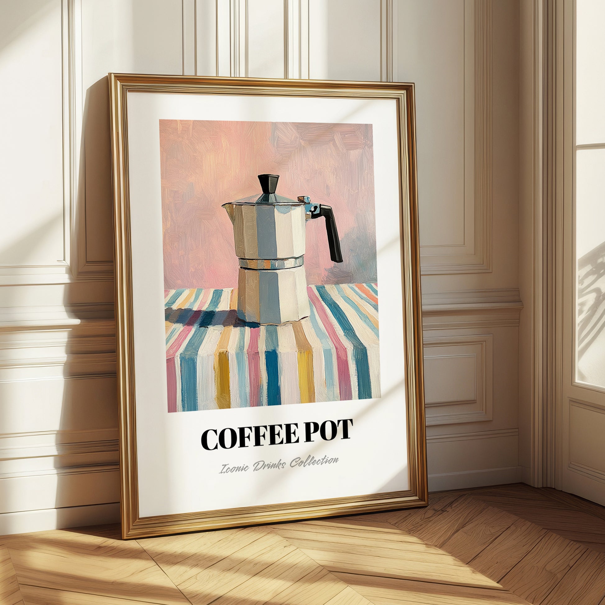Coffee Pot – on Striped Tablecloth, Kitchen Utensils Wall Art