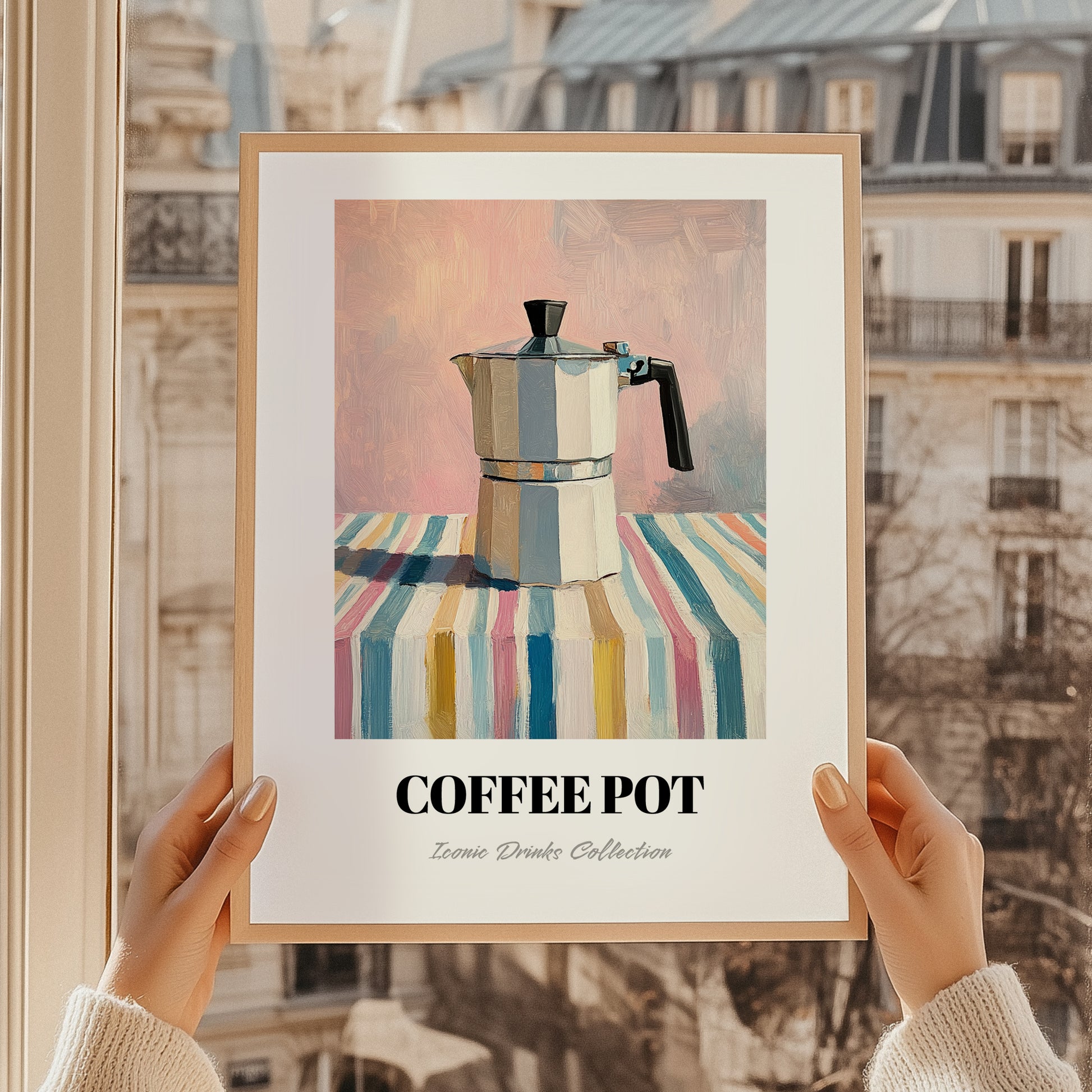 Coffee Pot – on Striped Tablecloth, Kitchen Utensils Wall Art, styled in a charming Paris street view