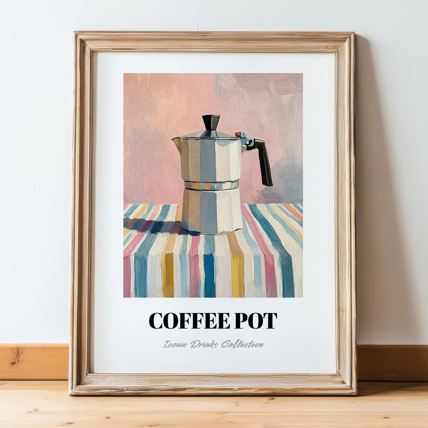 Coffee Pot – on Striped Tablecloth, Kitchen Utensils Wall Art, in wooden frame leaning on the floor