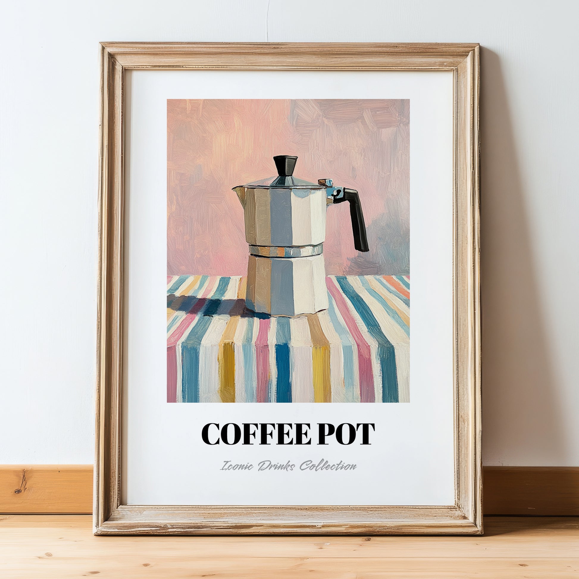 Coffee Pot – on Striped Tablecloth, Kitchen Utensils Wall Art, in wooden frame leaning on the floor