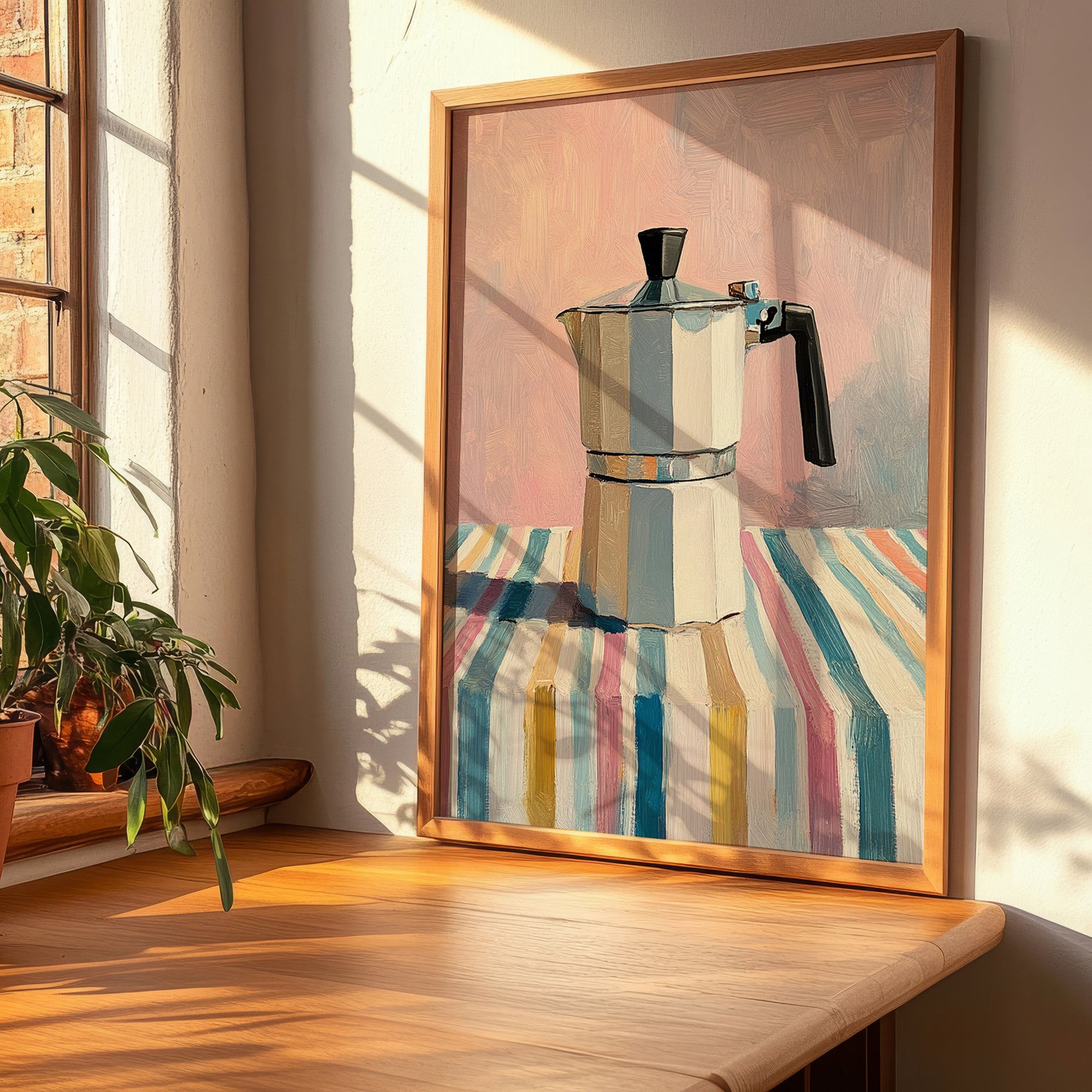 Coffee Pot – on Striped Tablecloth, Kitchen Utensils Wall Art, clean layout with no caption